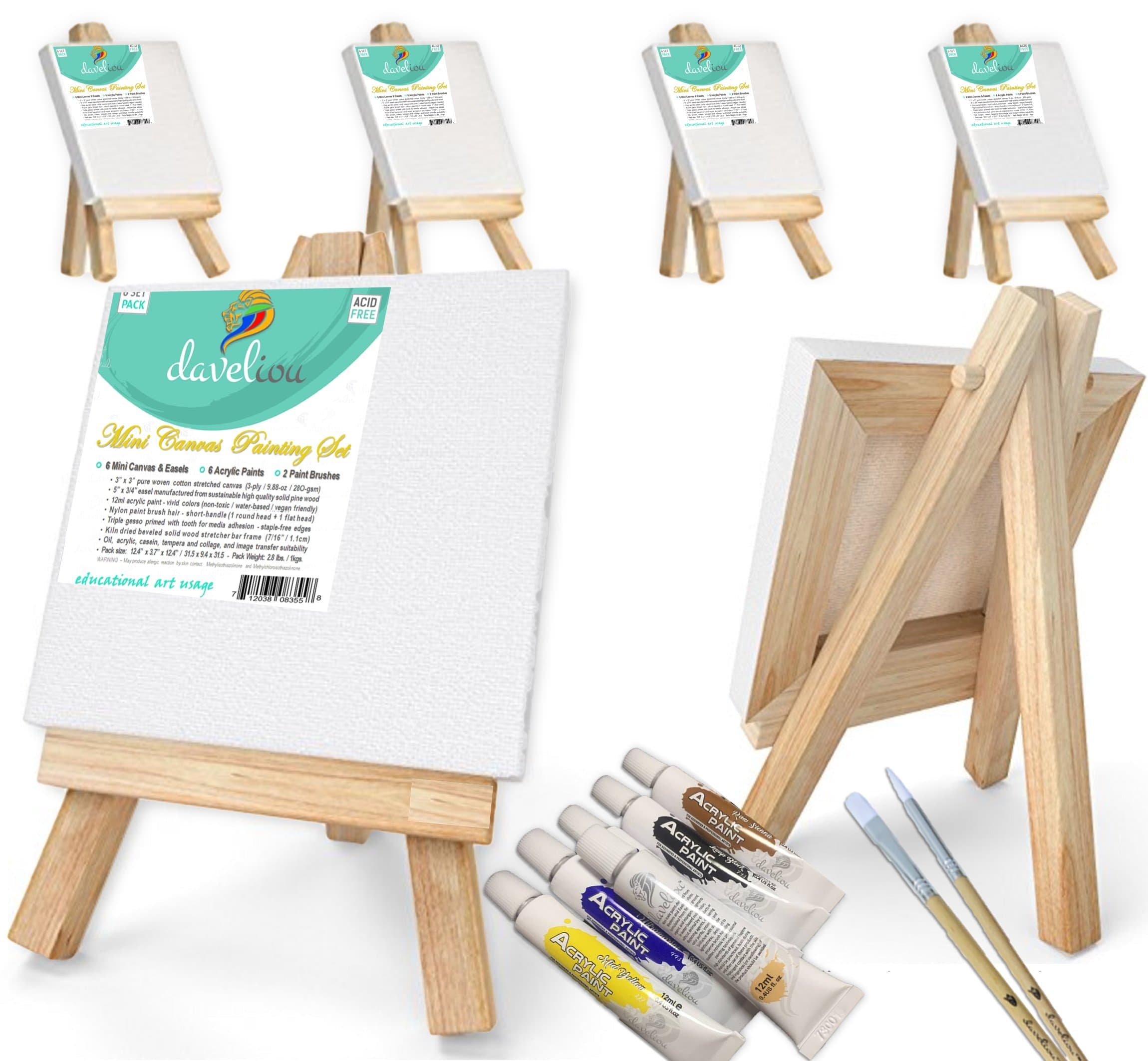 Daveliou 3x3” Mini Canvas Painting Set, Includes 6 Blank Stretched Framed Canvases, 5” Easel, 6 Acrylic Paints, 2 Brushes