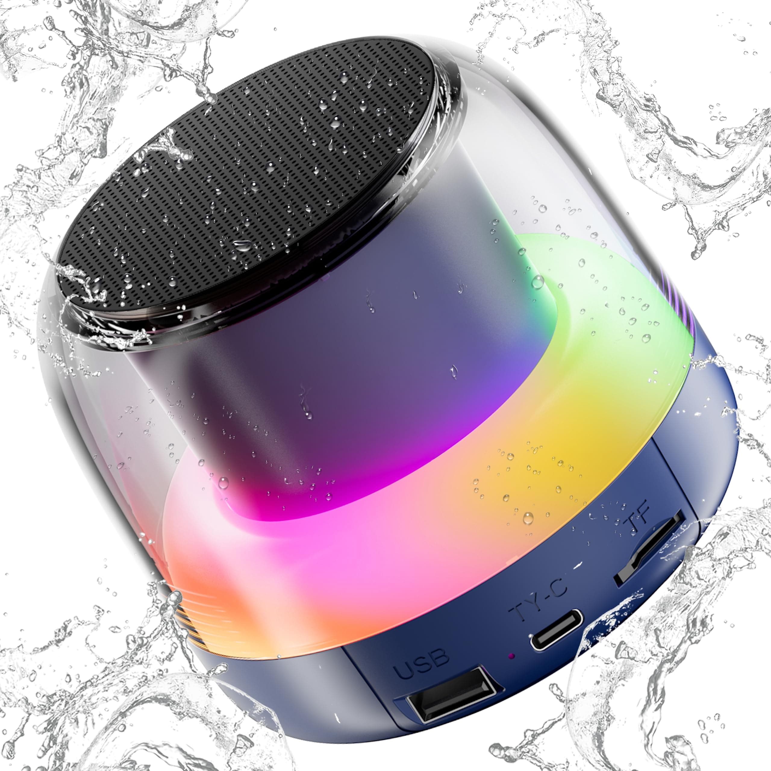 Portable Bluetooth Speaker with RGB lights, Mini Speaker with 800mAh Battery Life, Deep Bass Stereo Sound, Bluetooth 5.3, IP7 Waterproof, TF-Card, True Wireless Pairing for Travel, Sport, Party, Gray