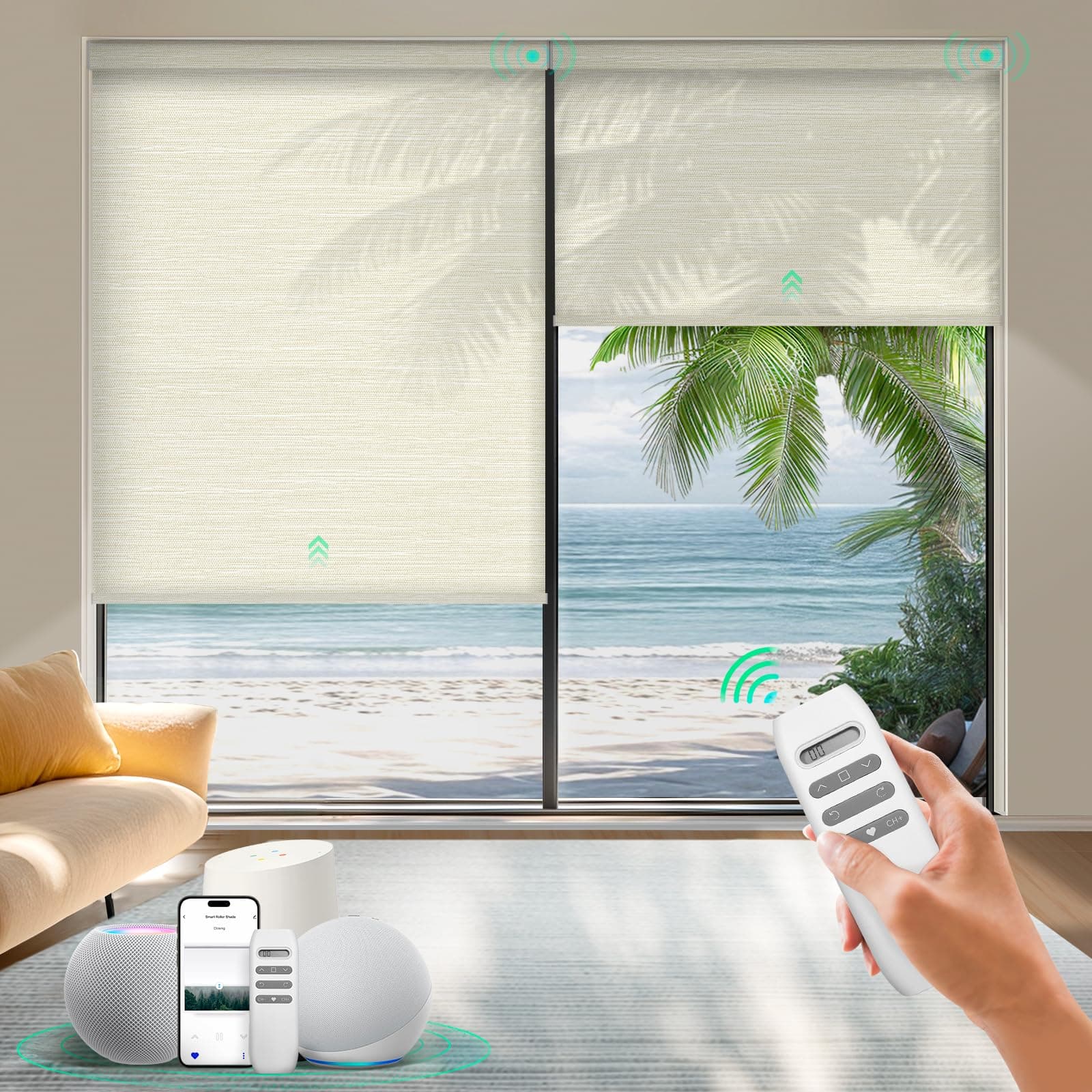 Motorized Roller Shades, Smart Blinds for Windows, Remote Automatic Window Shades, Electric Shades, Light Filtering, Compatible with Alexa Google Apple Home (Summer Haze-Cream LF)