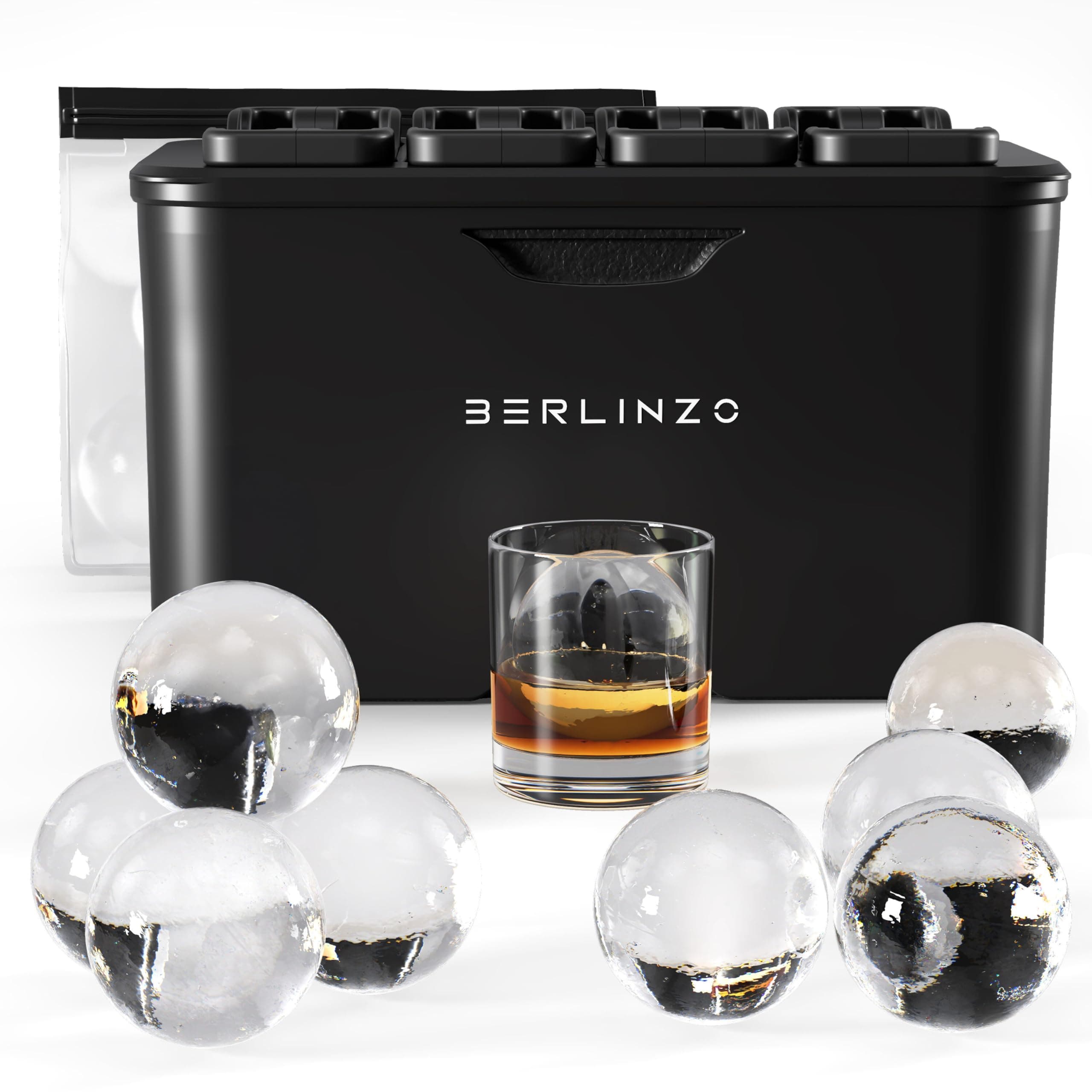 Berlinzo Premium Clear Ice Ball Maker Mold - 8 Large 2.4" Crystal Clear Ice Balls for Whiskey, Cocktails & Bourbon - Easy-to-Remove Mold for Ice Spheres - XL Storage Bag Included (Non-Electric)