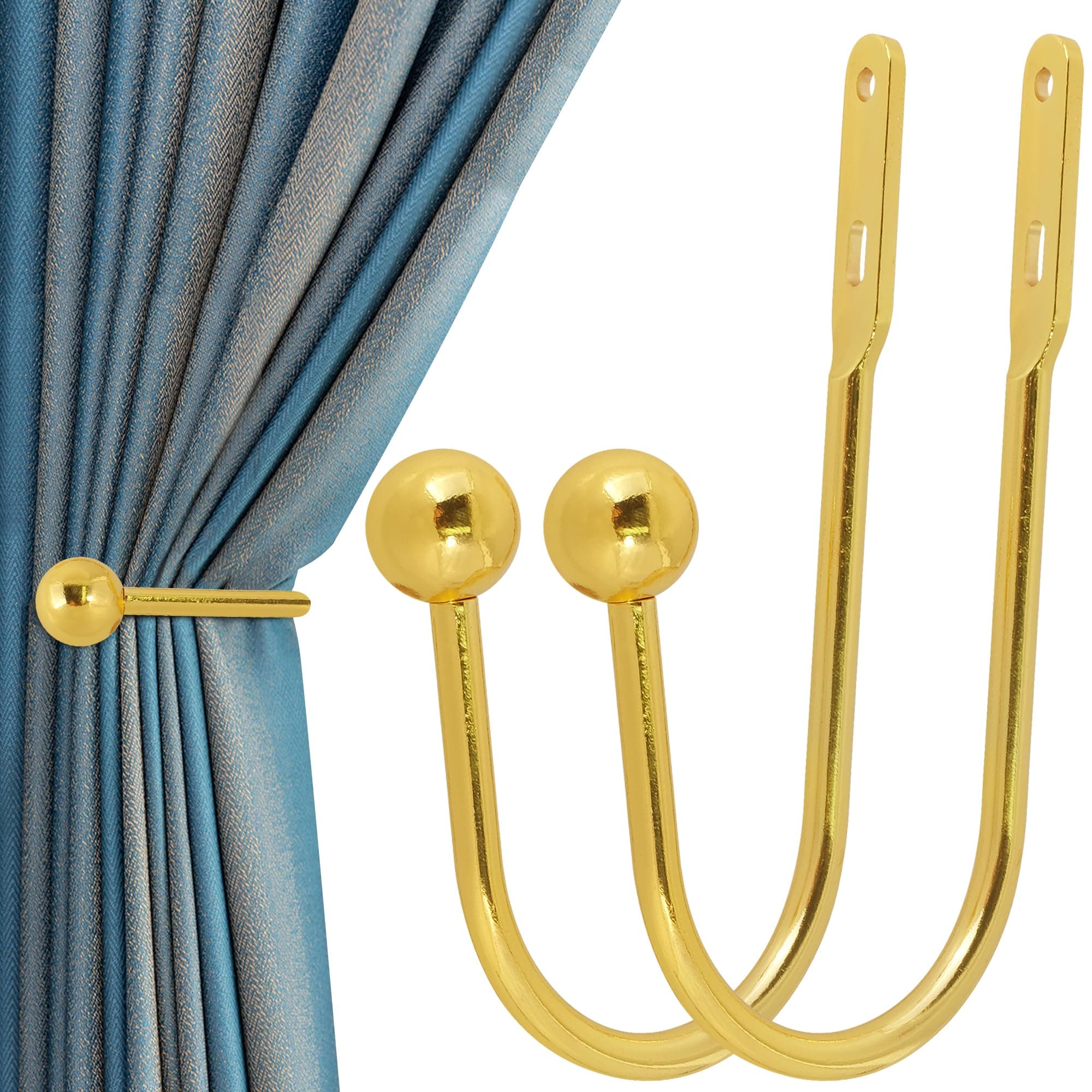 Curtain Holdback, 2 Pcs Wall Mounted Drapery Tiebacks with Screws, Heavy Duty Metal Decorative Window Drapery Holder Curtain Hook, Gold
