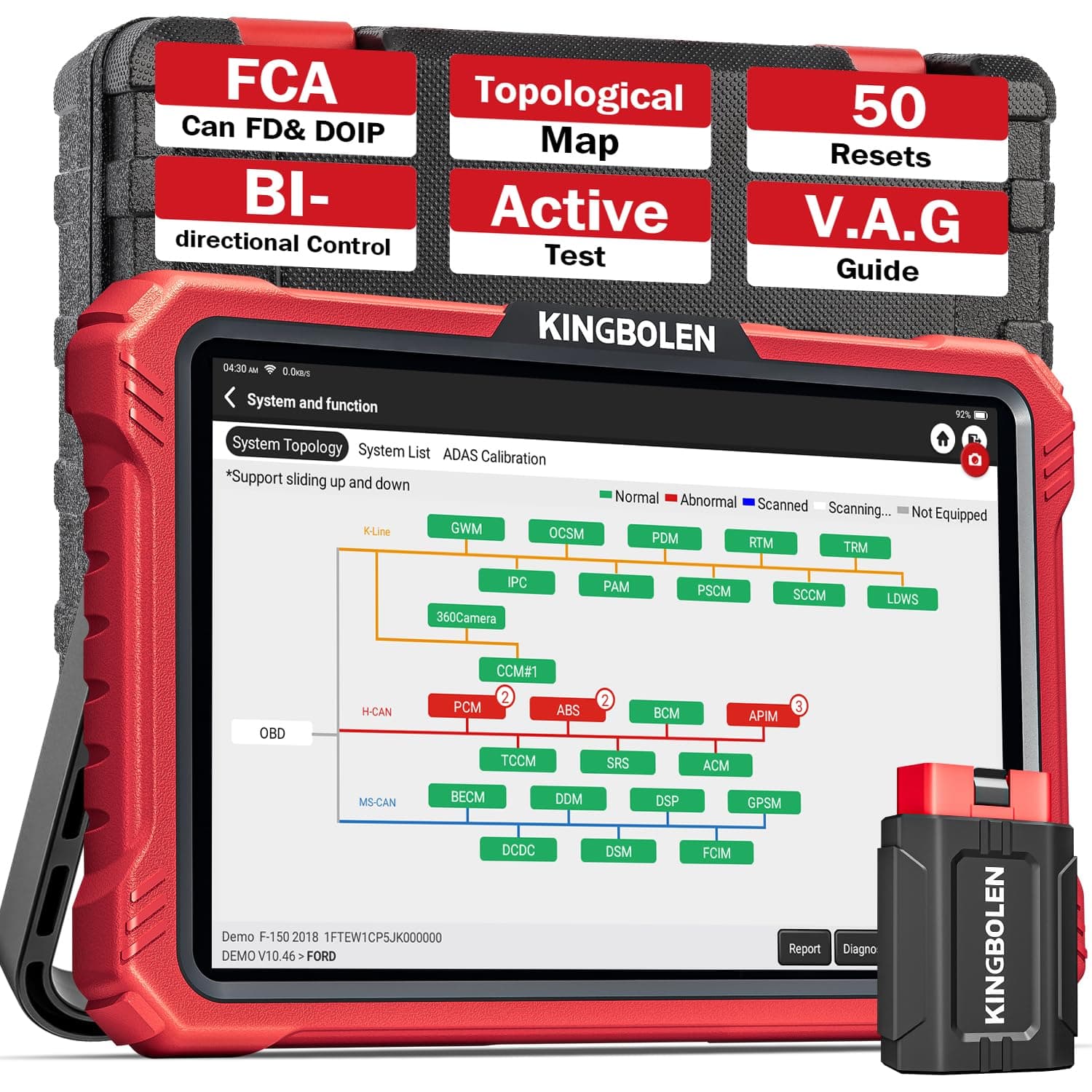 KINGBOLEN K10 PRO Car Diagnostic Tool,OE-Level Full System Bidirectional Scan Tool with ECU Coding,Topology Mapping,50+ Resets,V.A.G Guide,FCA,Renault,Can FD And DOIP,2 Years Update.