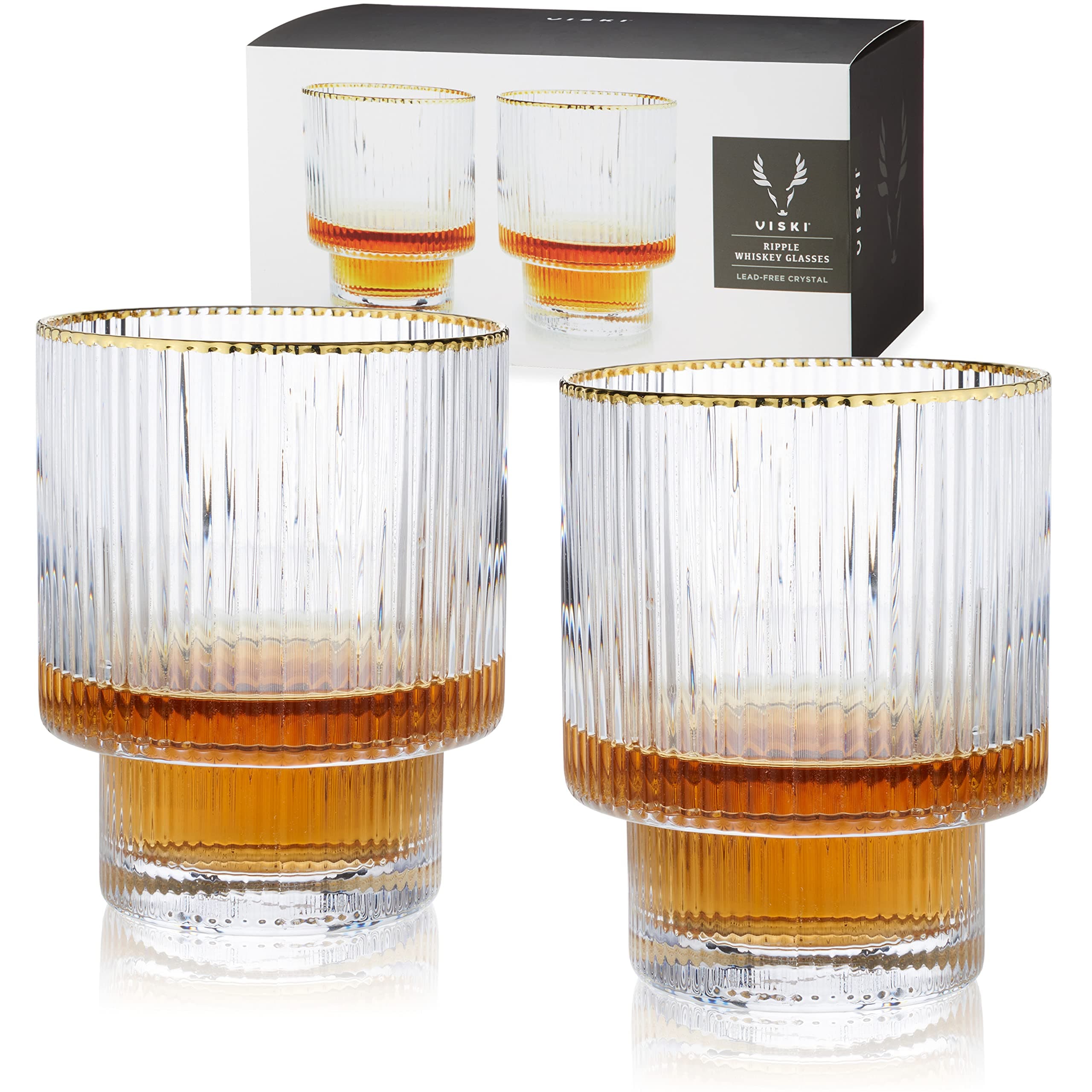 Viski Meridian Lowball Glasses Set of 2 - Premium Crystal Clear Vintage Drinking Tumblers for Whiskey, Scotch & Bourbon in Art Deco Ripple Glassware Design, Gold Rimmed Glassware Gift Set, 10.5 oz
