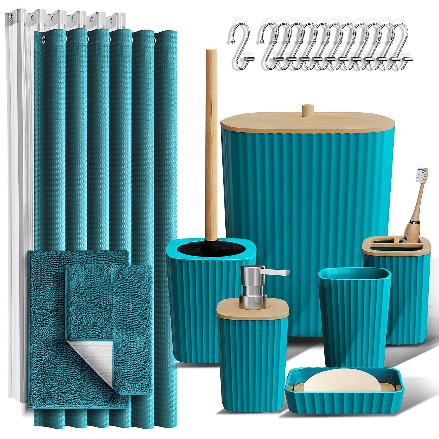 – Clara Clark Bathroom Accessories Set - Bathroom Accessory Set with Shower Curtain Set, Toilet Brush, Trash Can & Soap Dispenser & Rugs (Teal, Complete Set + Bath Rugs)