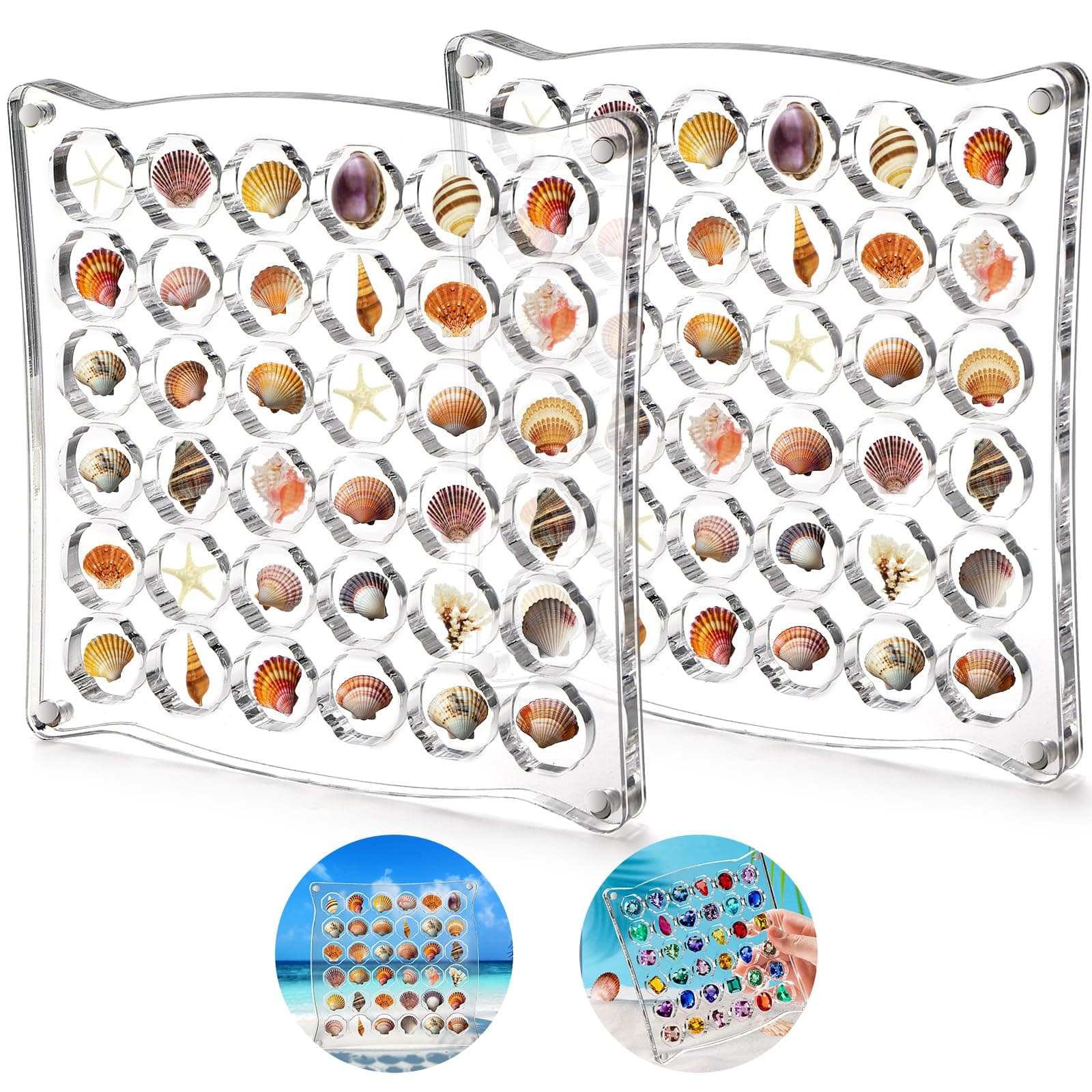 yarlung2 Pack Acrylic Magnetic Seashell Display Case, 36 Grids Clear Shadow Box for Tiny Treasure, Seashell Collecting Case, Mini Diamond Gemstone Storage Beads Organizer