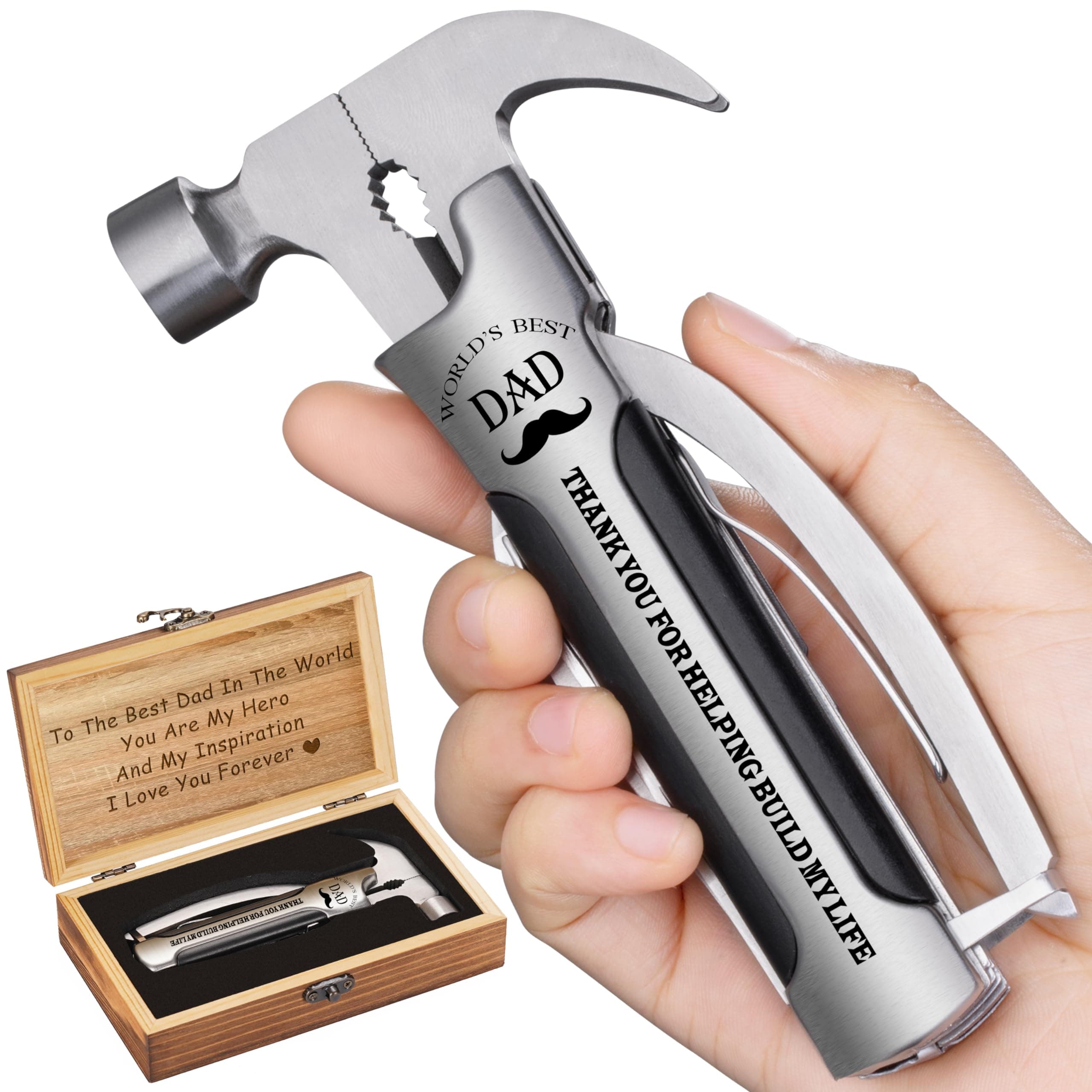 VEITORLD All in One Survival Tools Hammer Multitool With Engraved Wooden Box for Dad, Stocking Stuffer for Men, Birthday Present for Daddy Grandpa