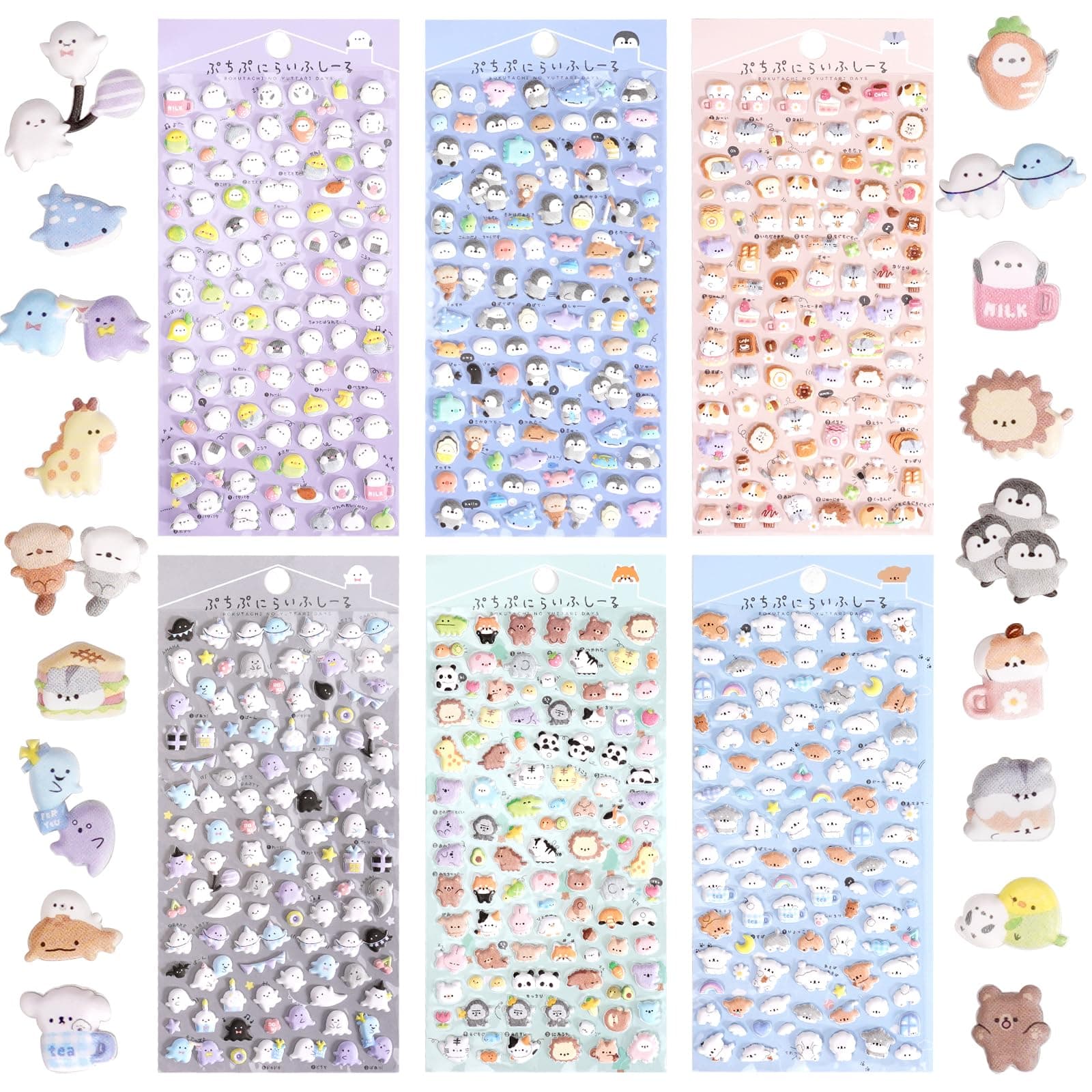 600+ Cute Mini Puffy Stickers-Small 3D Tiny Micro Bulk Sticker Set for Kids Girls Adults-Includes Kawaii Japanese Cartoon Ghost Animal Cat Dog Penguin Birds for Phone Case-Removable-6 Sheets