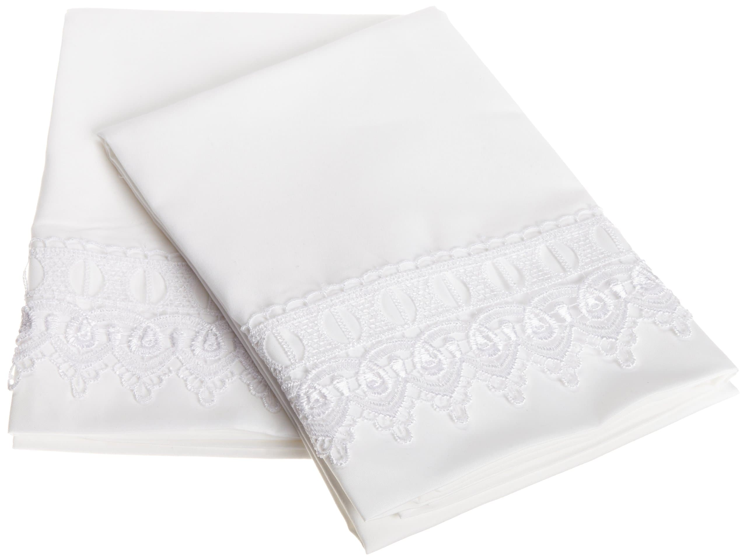 Cathay Home Venice Lace Standard Size Pillow Cases Constructed of Microfine Twill Weave in Highest Quality, White Color, Set of 2