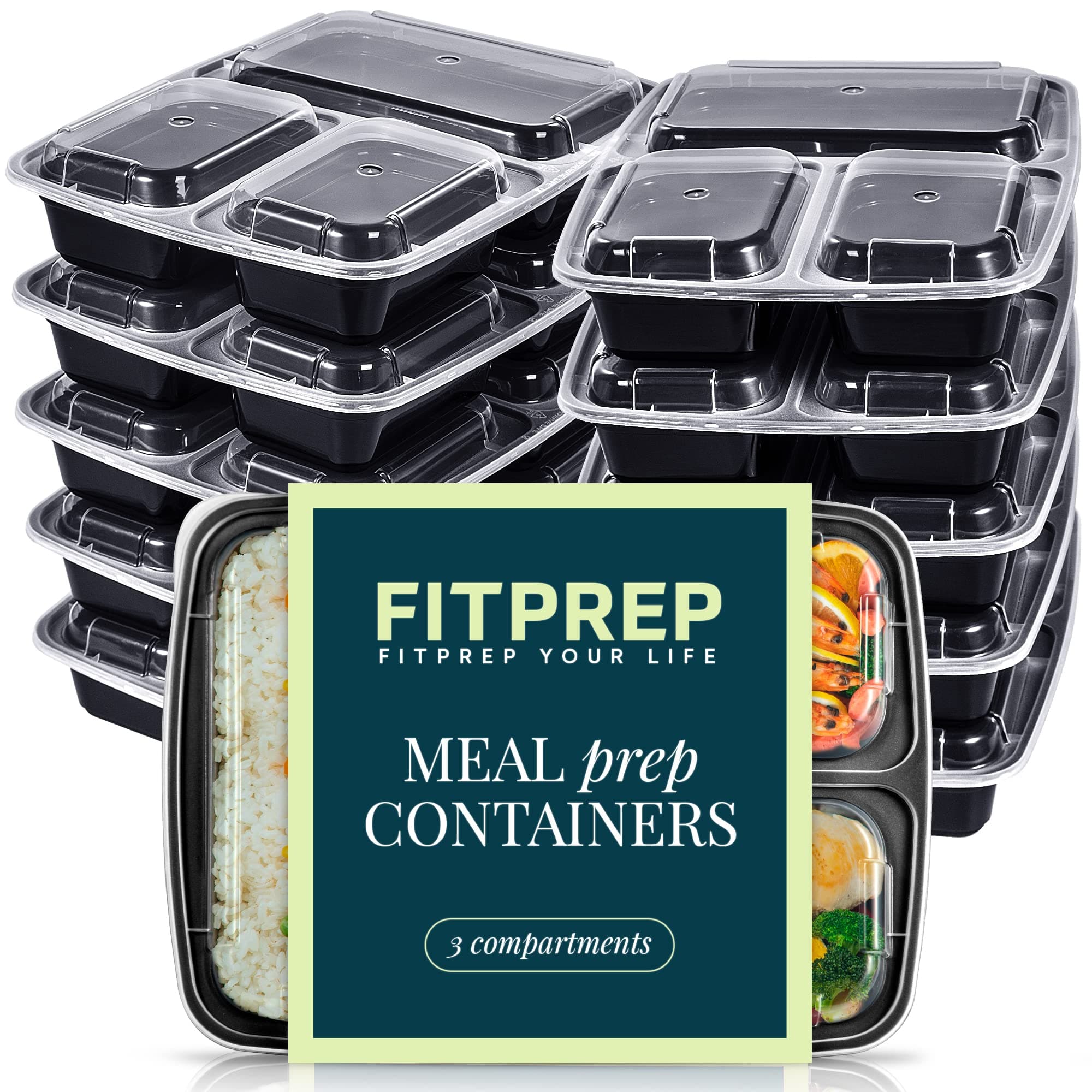 (Pack of 10) Fitprep® three-compartment premium meal preparation container, lunch box – strong, secure lid, stackable, reusable, dishwasher safe, and suitable for use in microwave and freezer.