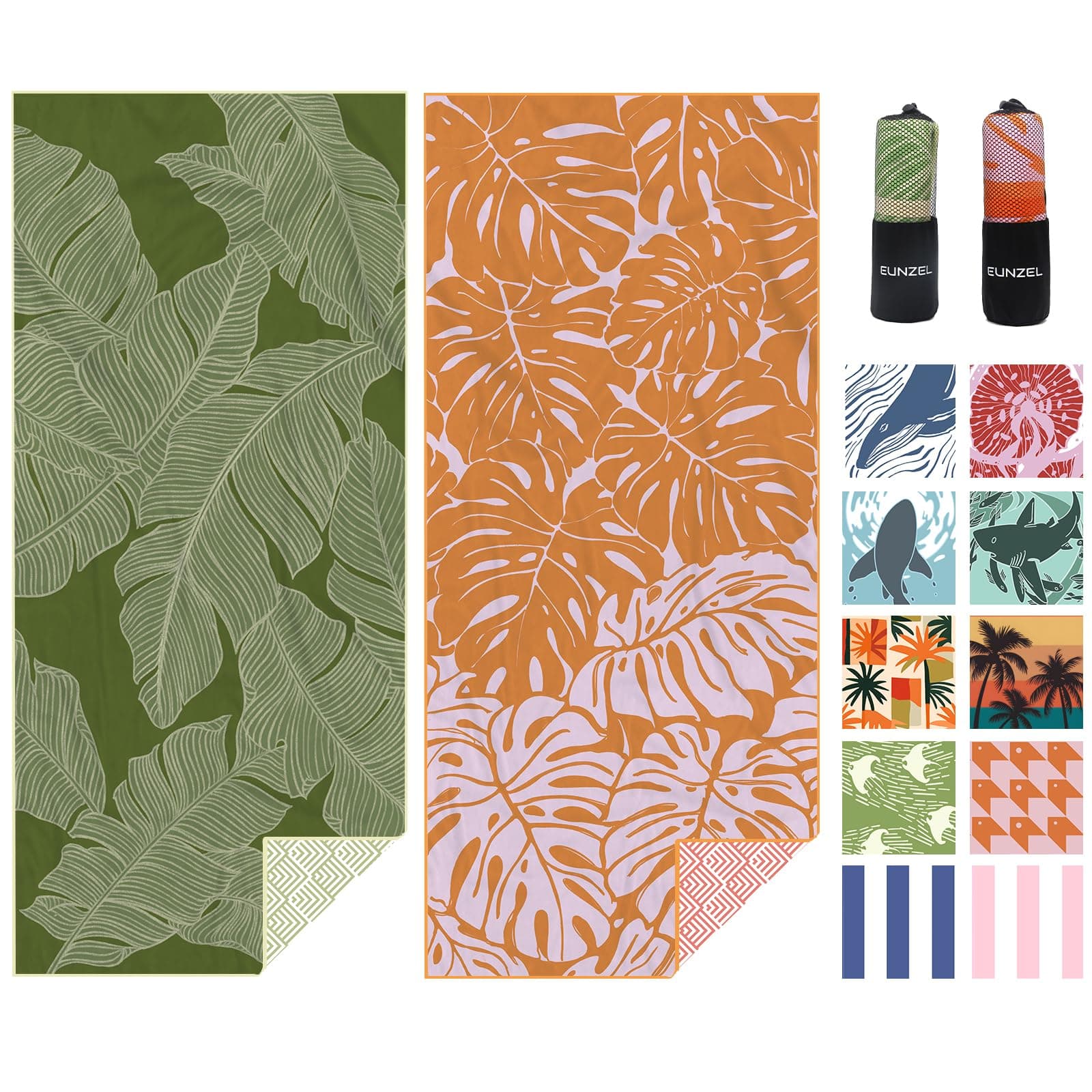 Eunzel 2 Pack Microfiber Beach Towel, Quick Dry Travel Towel Large Sand Free Towel for Beach, Camping, Swim Pool, Gym, Sports& Yoga 71"x32", Palm