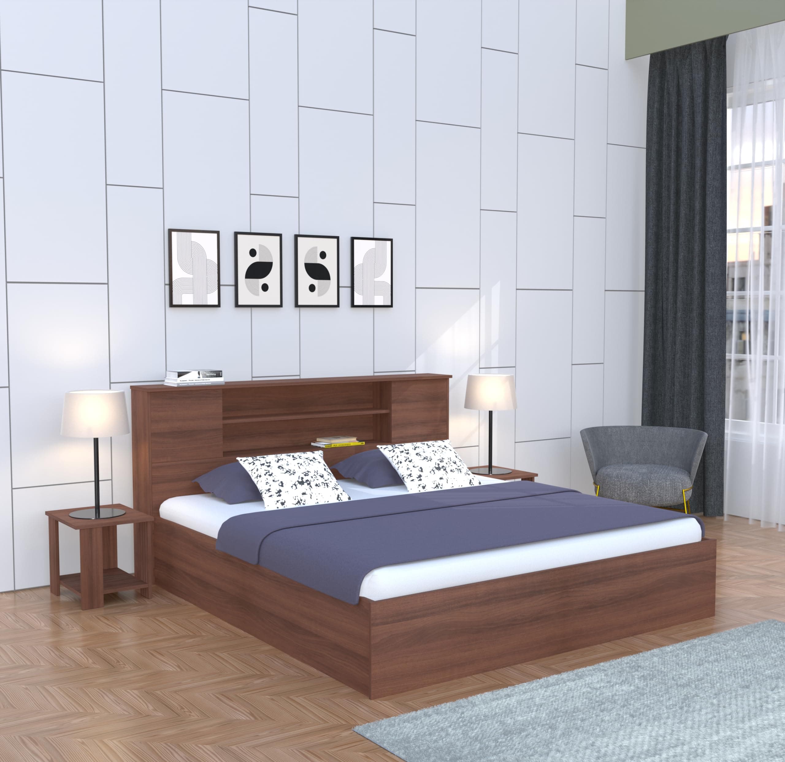 WoodExpress Engineered Wood King Size Bed with Box Storage – Sturdy Wooden Double Bed with Headboard for Bedroom, Home & Hotel Use – Modern King Bed Frame, Walnut Finish, 219x191x100 CM