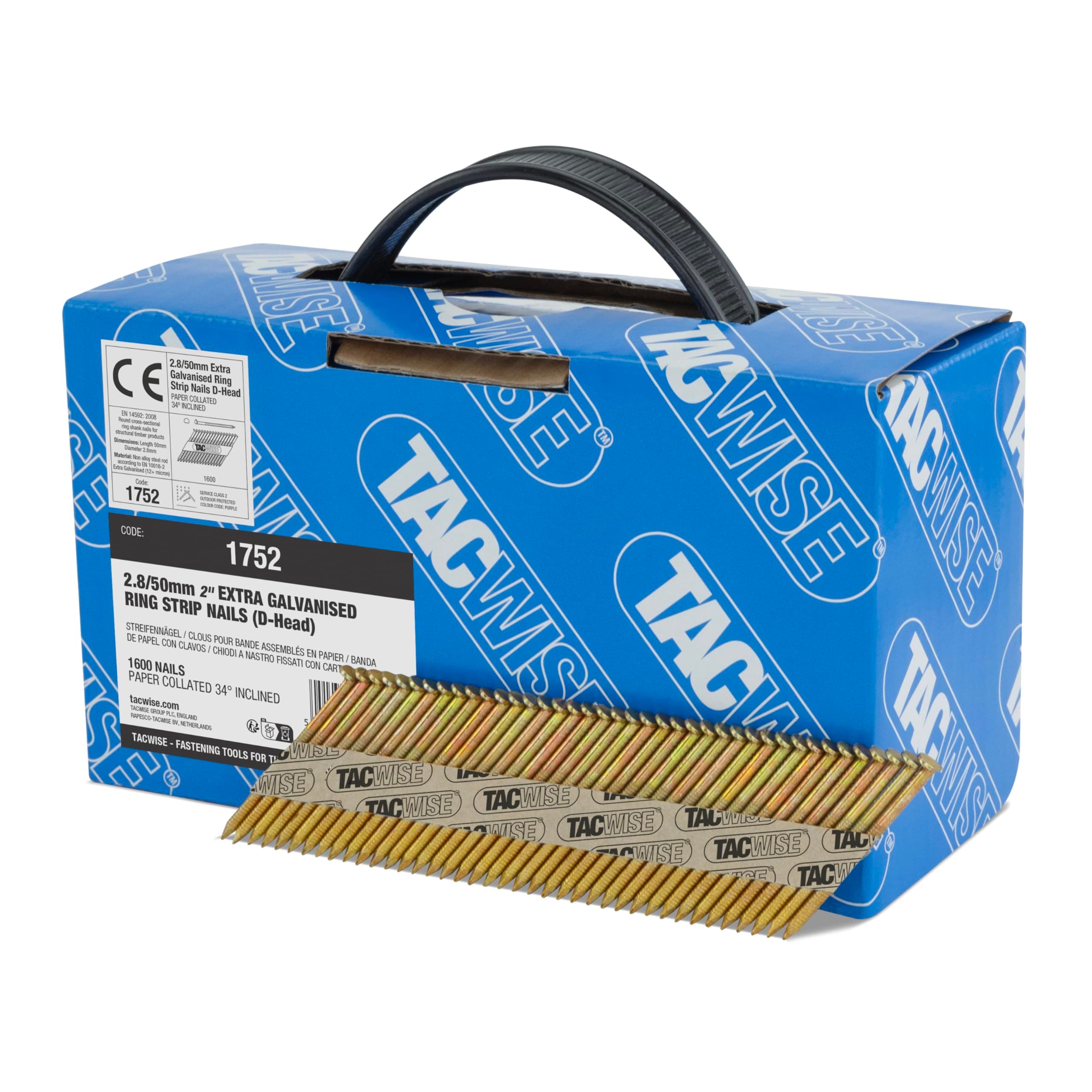 Tacwise1752 Extra Galvanised Framing Nails 2.8/50 mm, D Head, Ring Shank, 34° Inclined, Paper Collated, Pack of 1600