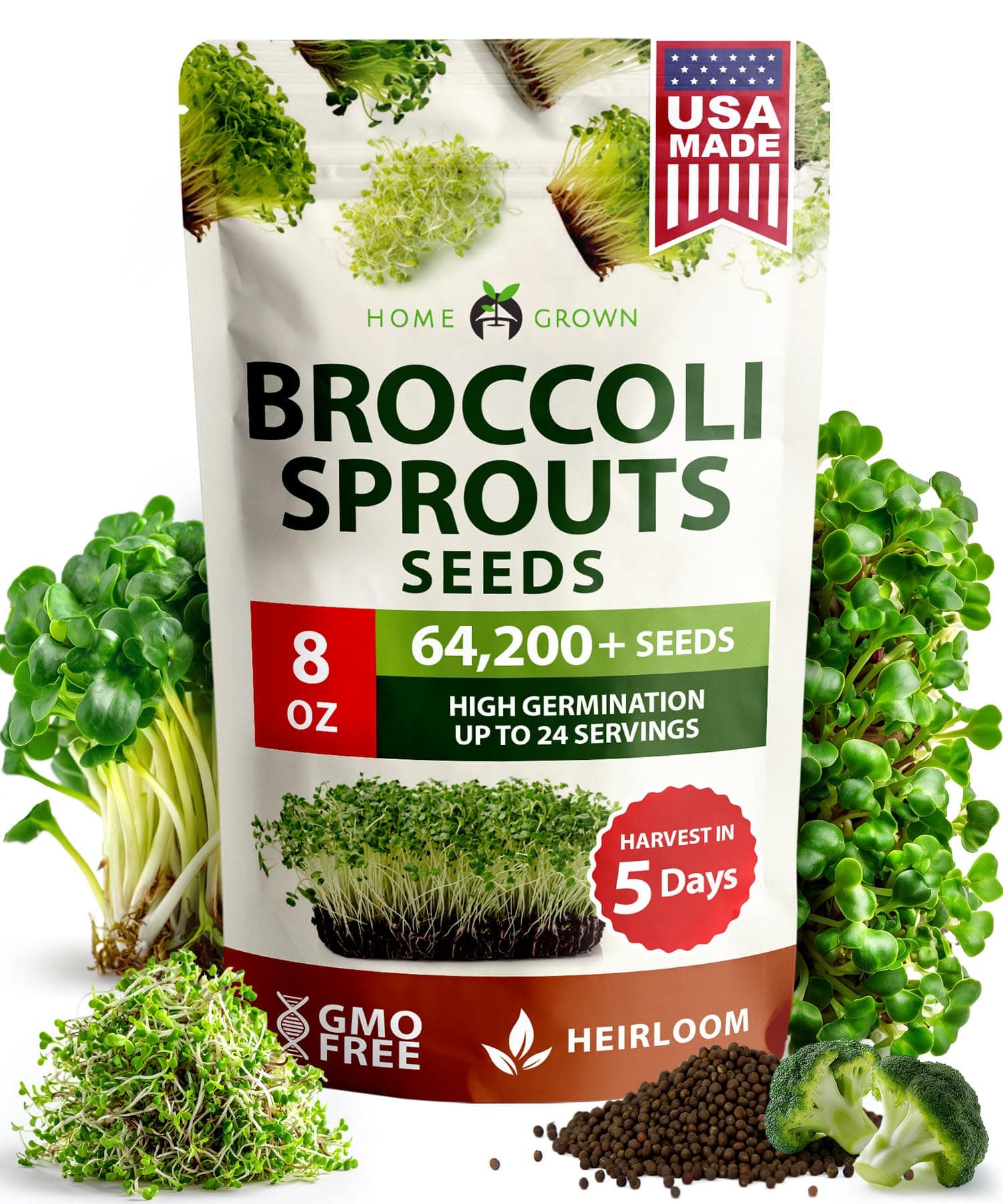 HOME GROWN Broccoli Seeds 8 oz Bulk Heirloom Non-GMO, High Germination, Sulforaphane Rich Sprouting Seeds, Nutritious Microgreens, Healthy Sprouts in 5 Days, Superfood Boost (Brassica oleracea)