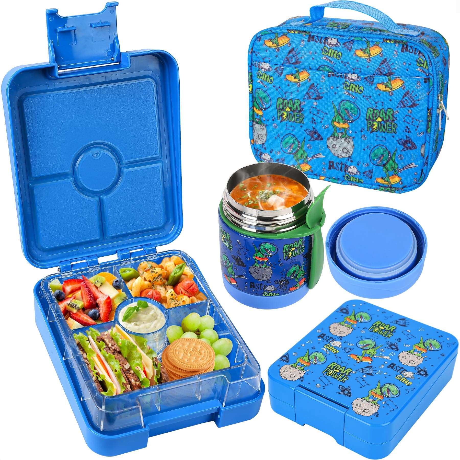 Bento Lunch Box Set With 10oz Soup Thermo, Leak-proof Lunch Containers with 4 Compartment, Kids Hot Thermo Food Jar/Insulation Lunch Bag, Food Containers for School(Dinosaur)
