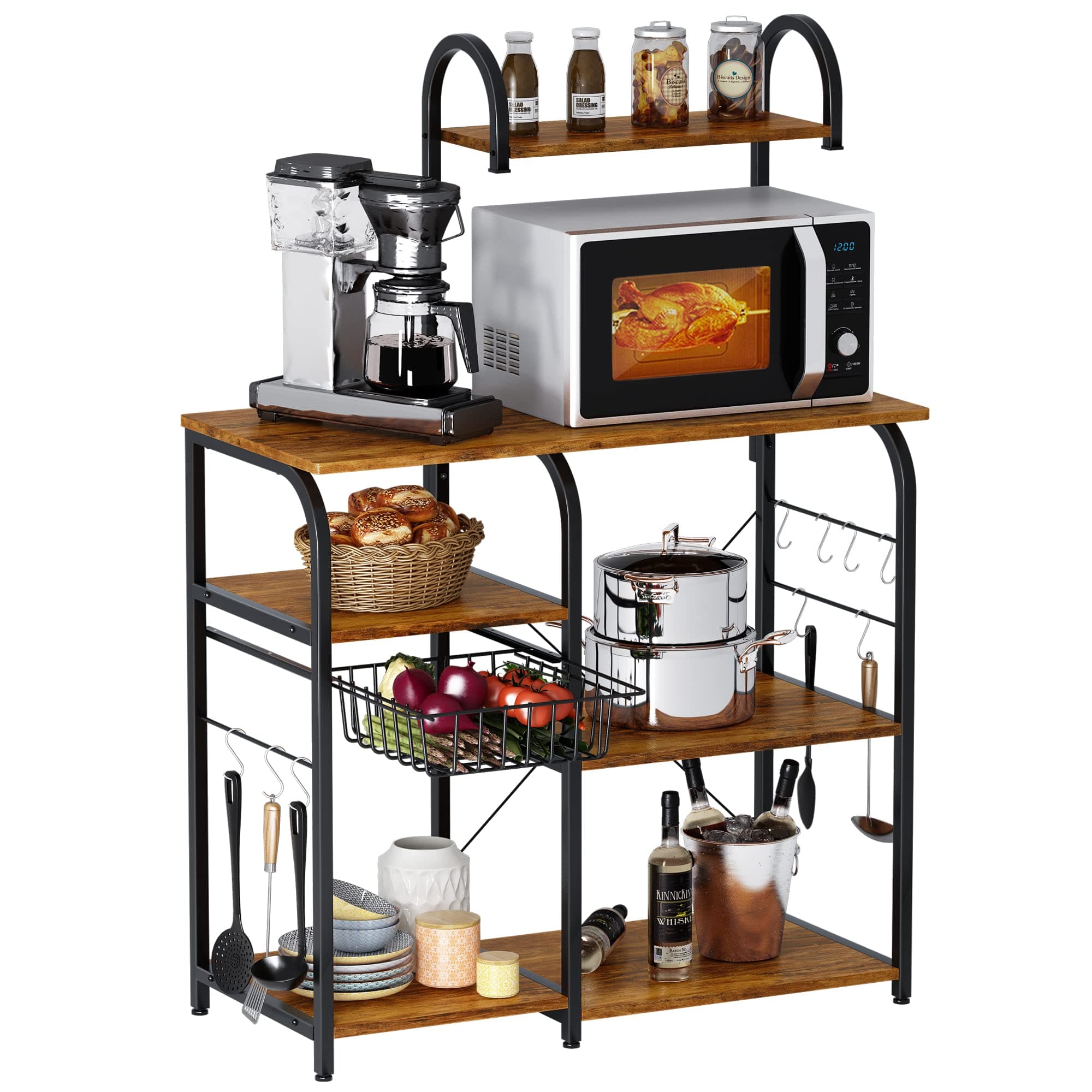 Mr IRONSTONE Bakers Rack Microwave Stand Kitchen 35.5" Microwave Cart 3-Tier+4-Tier Kitchen Shelves for Spice Organizer Coffee Station with 10 Hooks, Easy to Assemble (Vintage), 90 × 40 × 131 cm