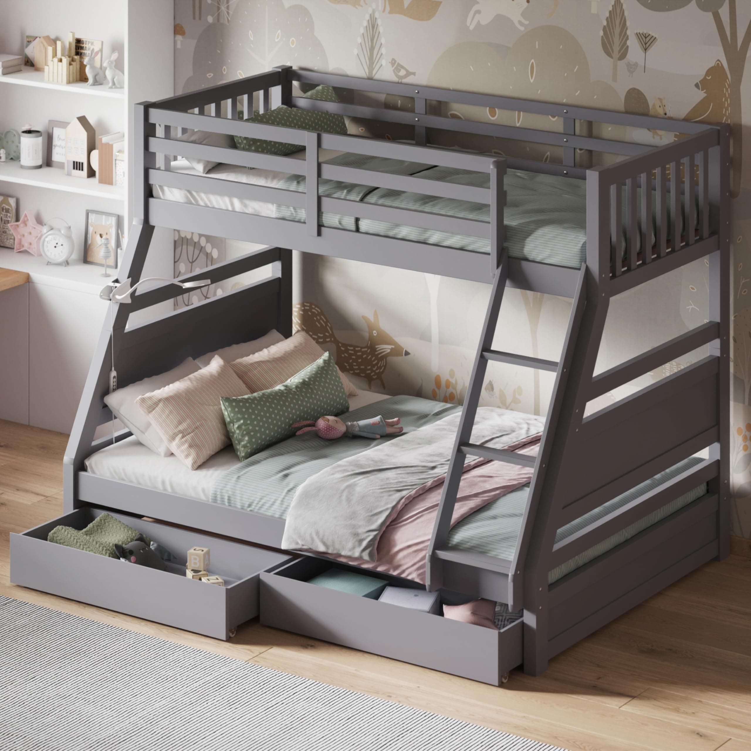 Flair Furnishings Triple Bunk Beds for Kids, Bunk Bed with Storage, Heavy Duty and Sturdy, Cosy, Stylish, Space-Saving Design (Grey)