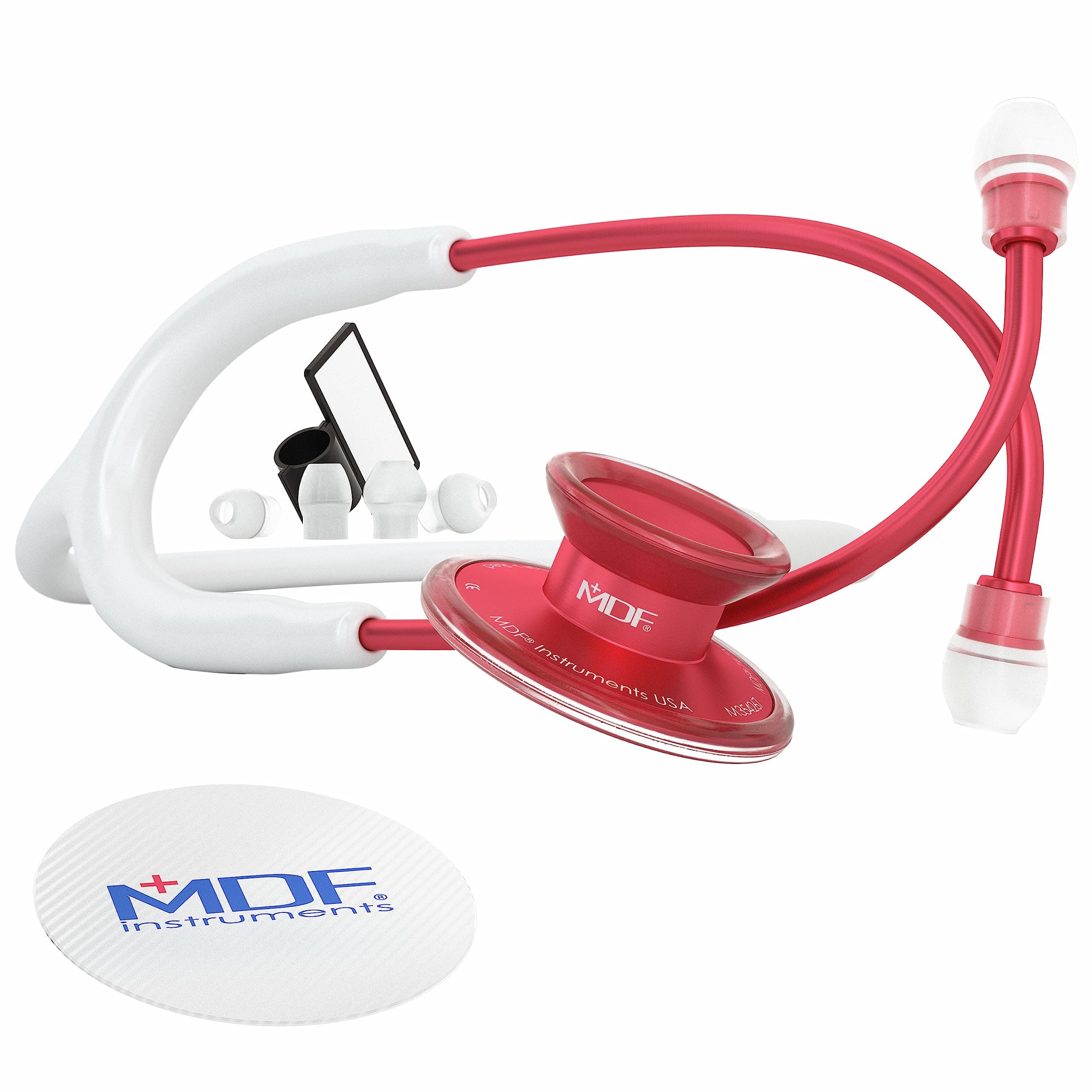 MDF Instruments, Acoustica Lightweight Stethoscope for Doctors, Nurses, Students, Home Health Use, Adult, Dual Head, White Tube, Red Chestpiece-Headset, MDF747XPR29