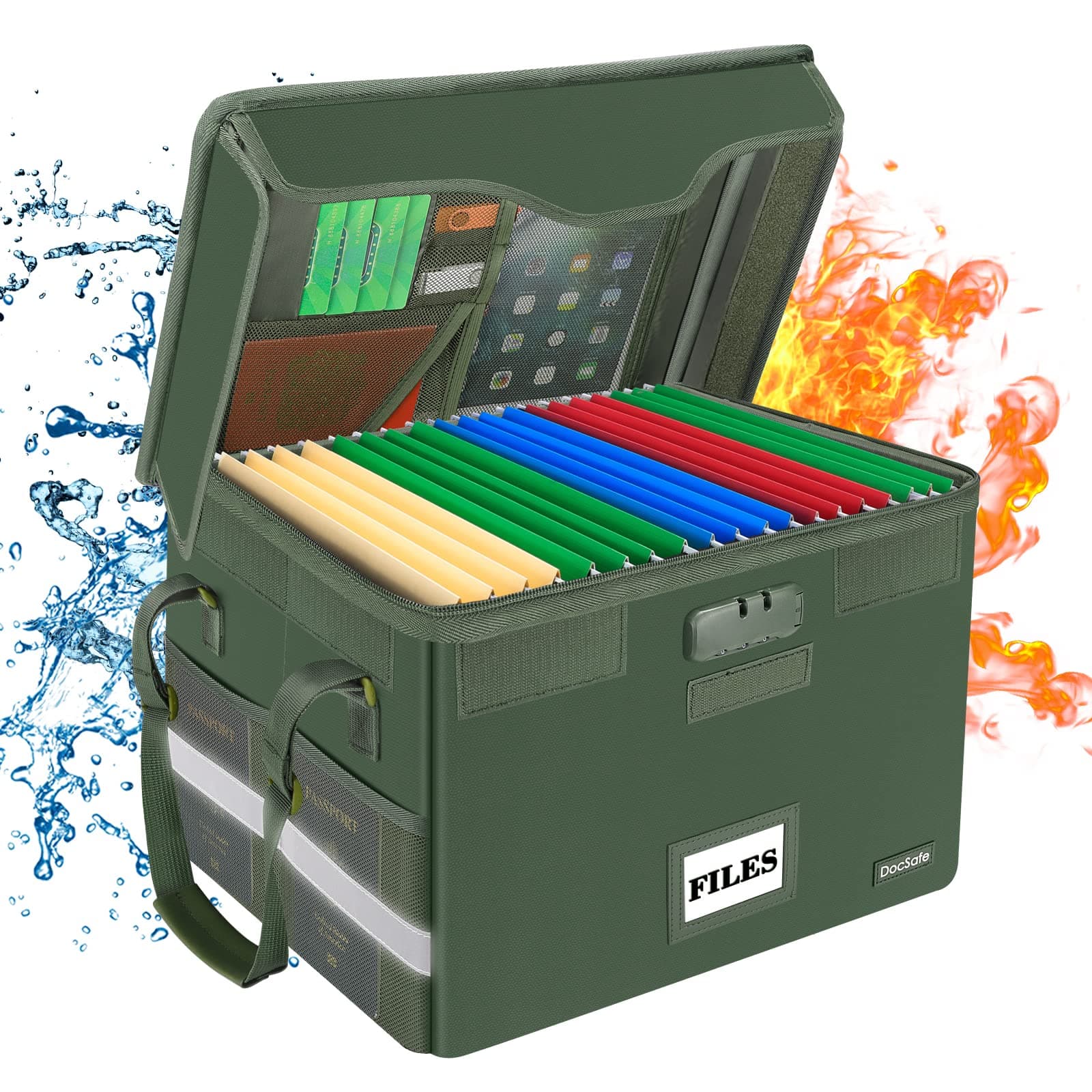 DocSafeFireproof Document Box with Lock,File Storage Organizer with Mesh Pockets&Lid,Collapsible Portable File Box Home Office Safe Filing Cabinet with Handle for Hanging Letter/Legal Folder,Green