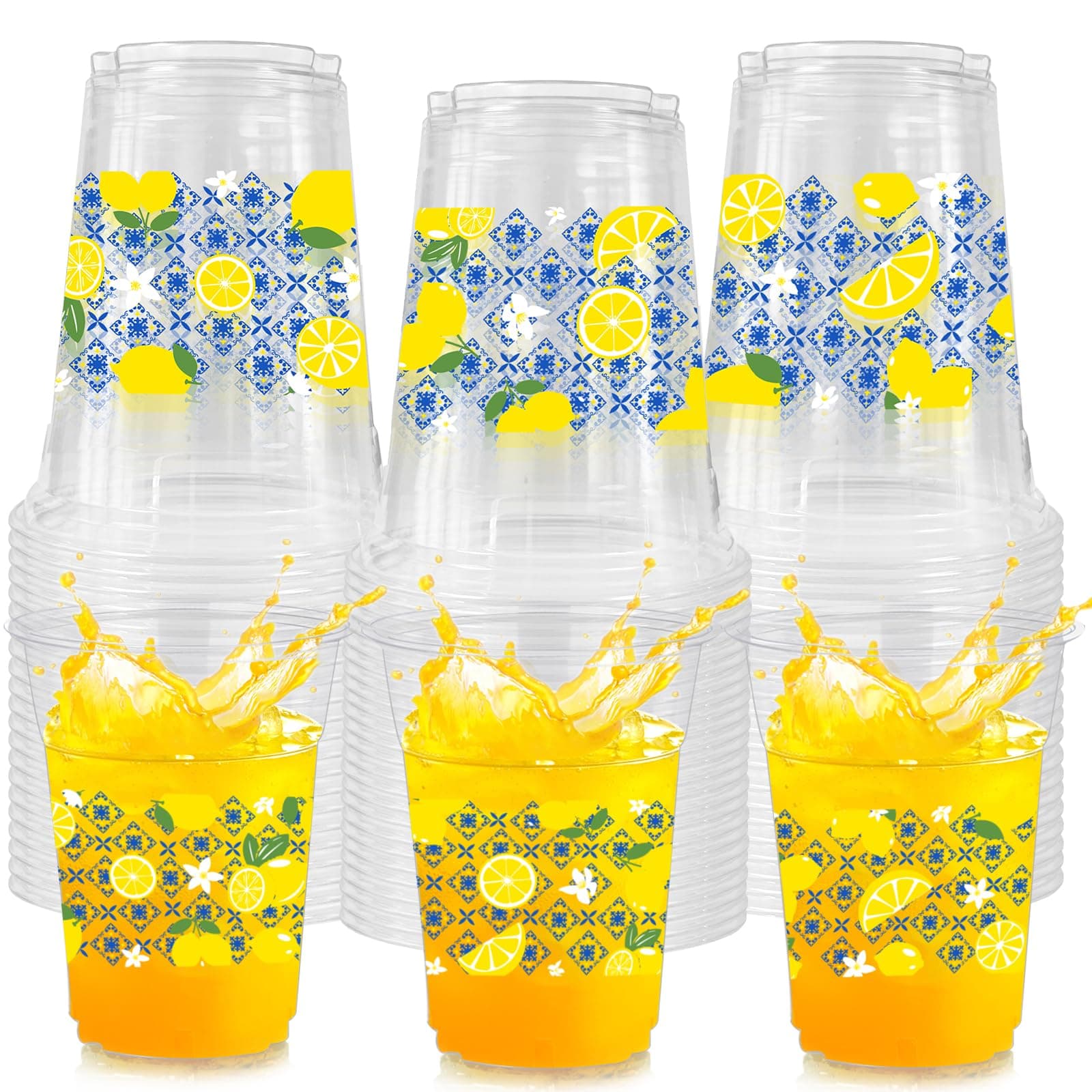 Capri 50-Pack Blue Tile Yellow 12oz Disposable Plastic Cups with Lemon for Parties, Weddings, Showers and More