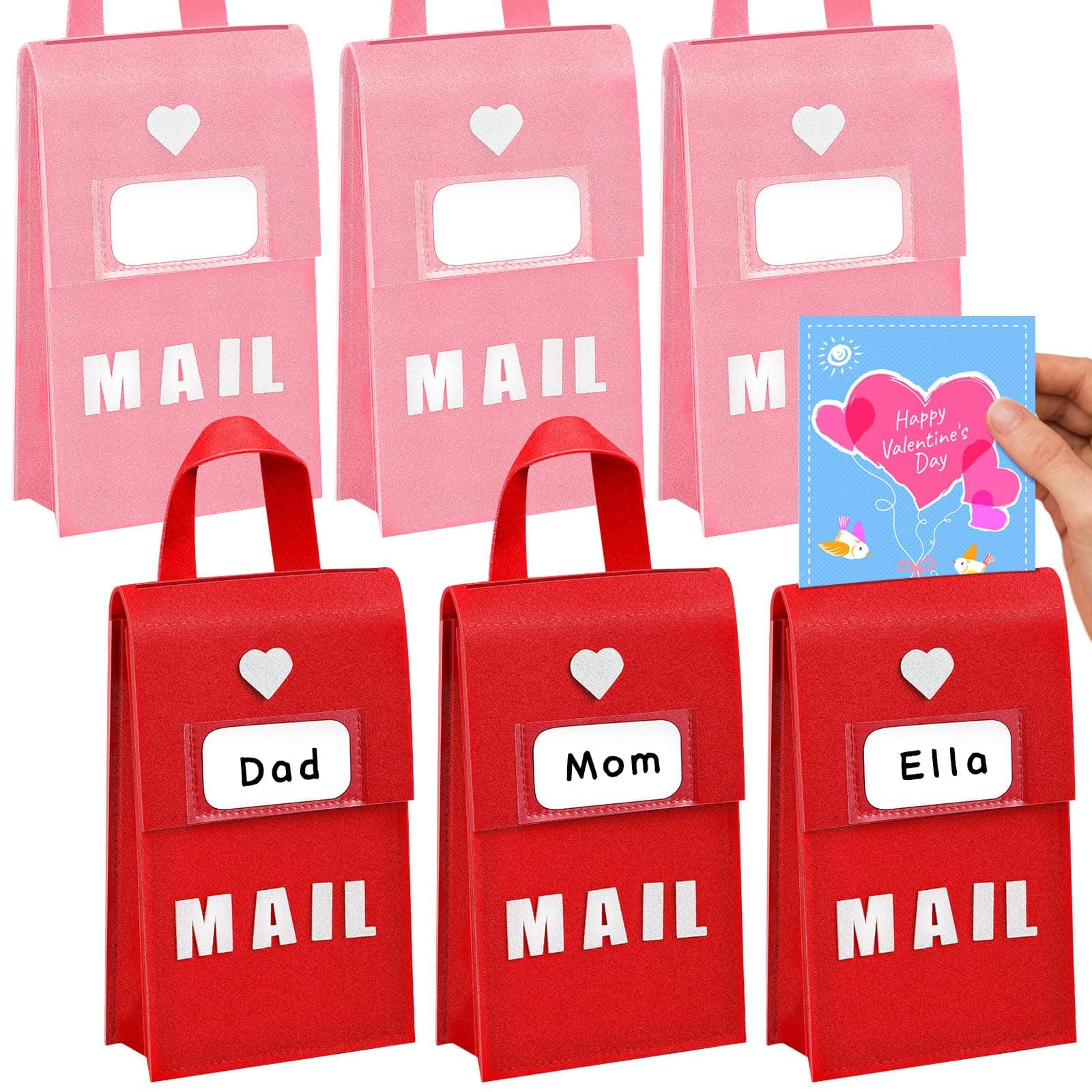 6 Pcs Valentine Felt Mailbox for Kids Classroom Exchange Gifts Holiday Card Box with 12 Cards 6 x 10 x 3 Inch Hanging Mailbox for Valentine Party Favor Supplies (Red,Pink)