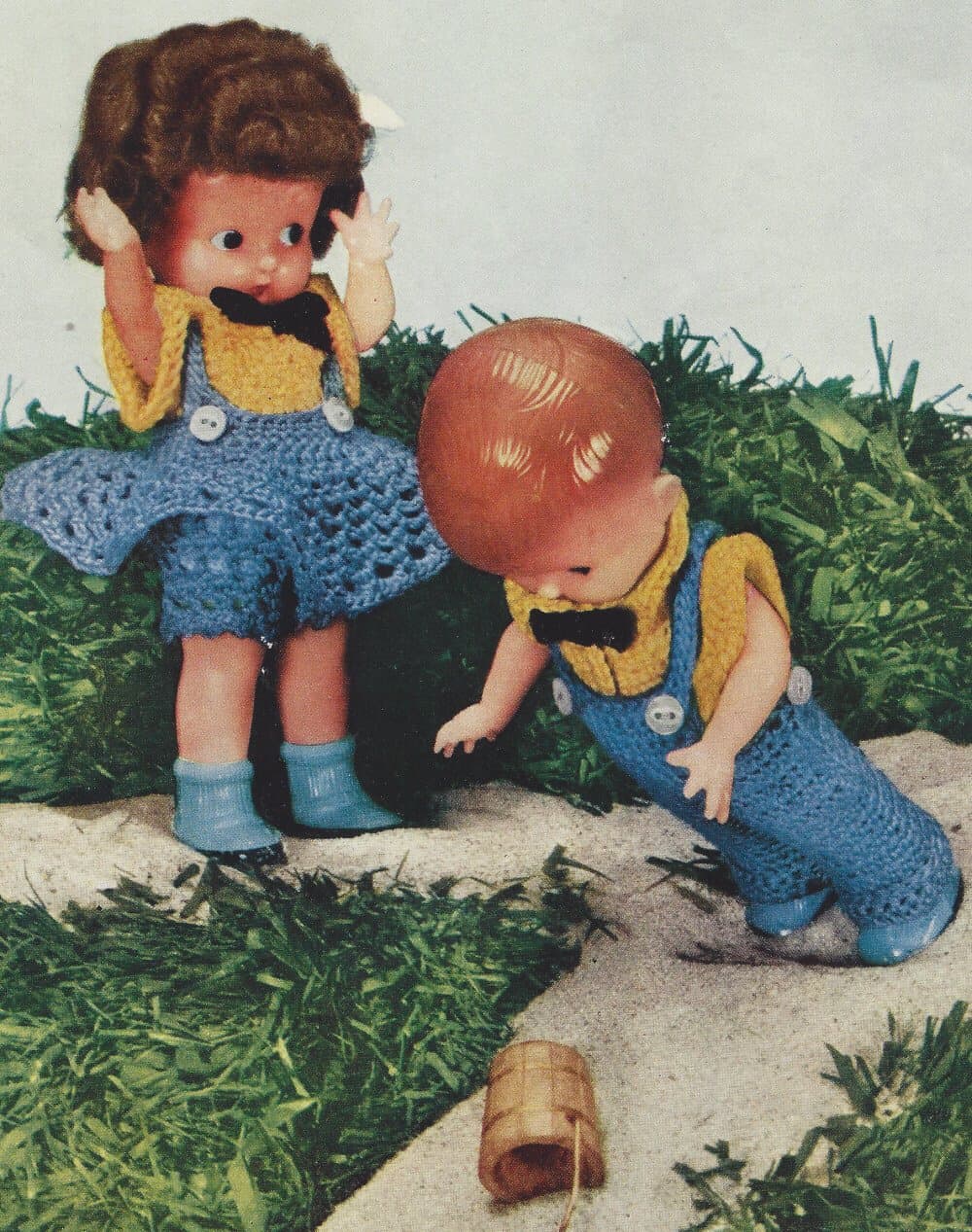 Vintage Crochet PATTERN to make - 5-9-inch Doll Clothes Jack Jill Dress Overalls. NOT a finished item. This is a pattern and/or instructions to make the item only.