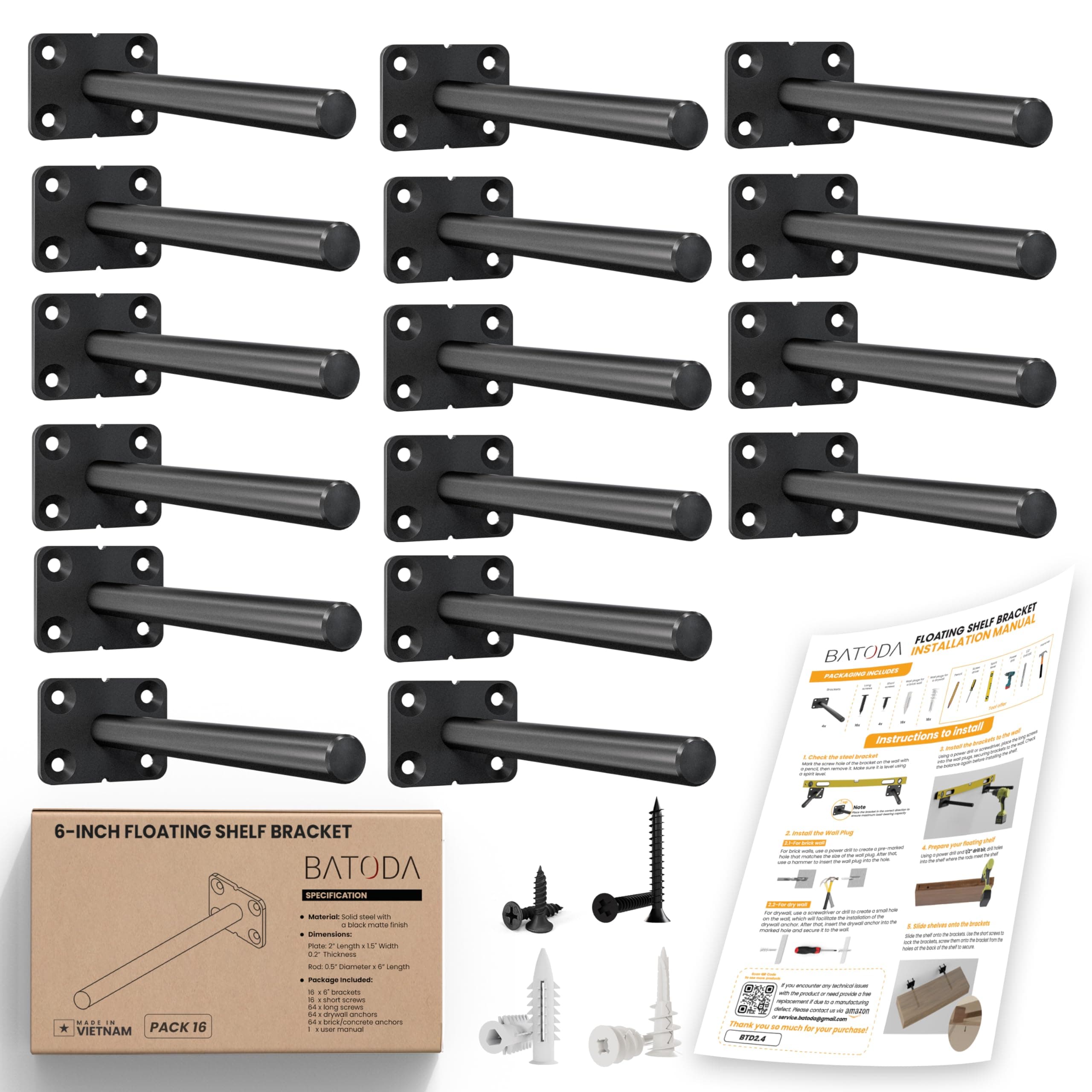 BATODA - 6" Floating Shelf Bracket (16 pcs) – Solid Steel Blind Shelf Supports - Hidden Brackets for Floating Wood Shelves - Blind Shelf Support - Shelving Mounting Hardware Included (Pack 16)