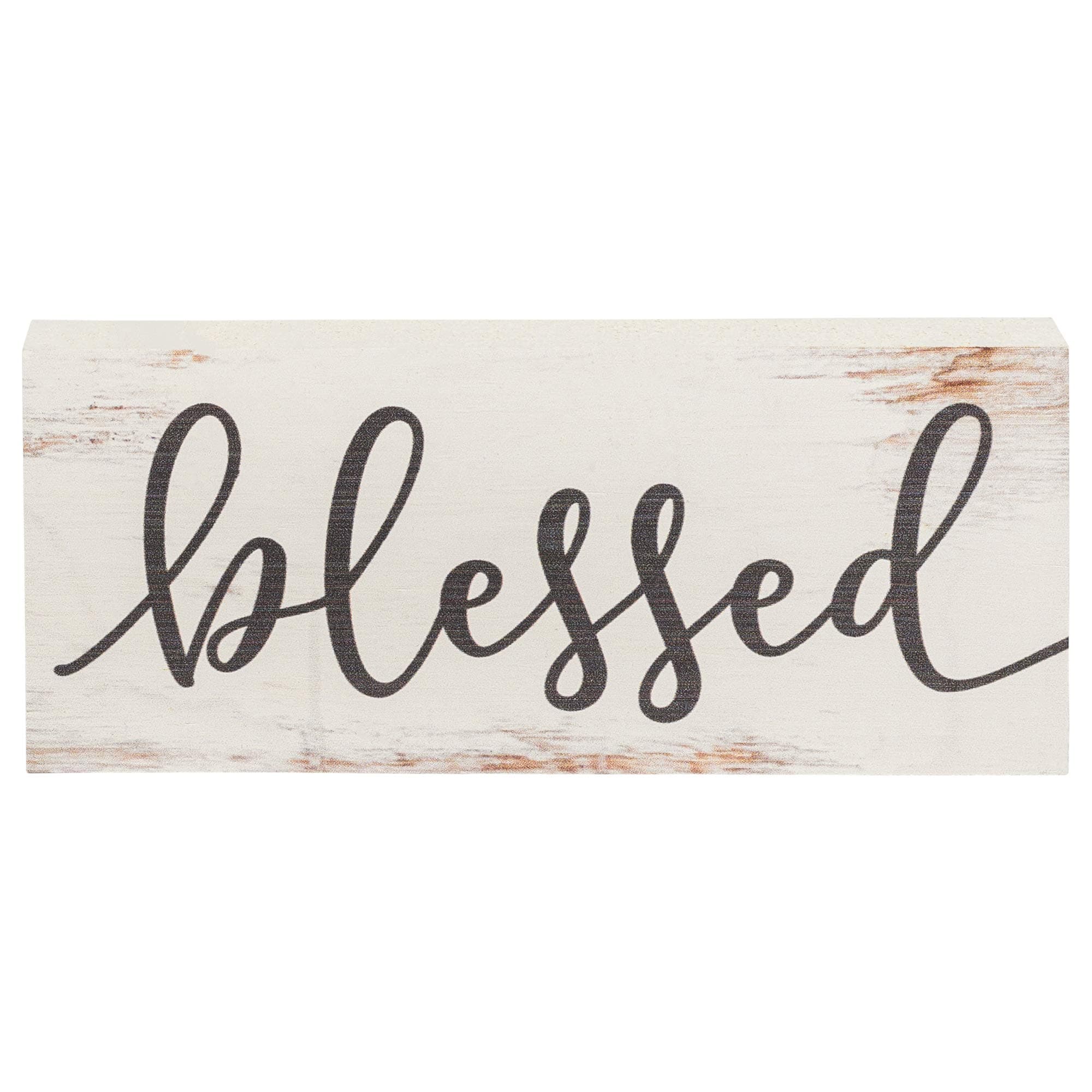 Blessed Script Design White Wash 6 x 2.5 Inch Solid Pine Wood Farmhouse Stick Sign 3 x 6