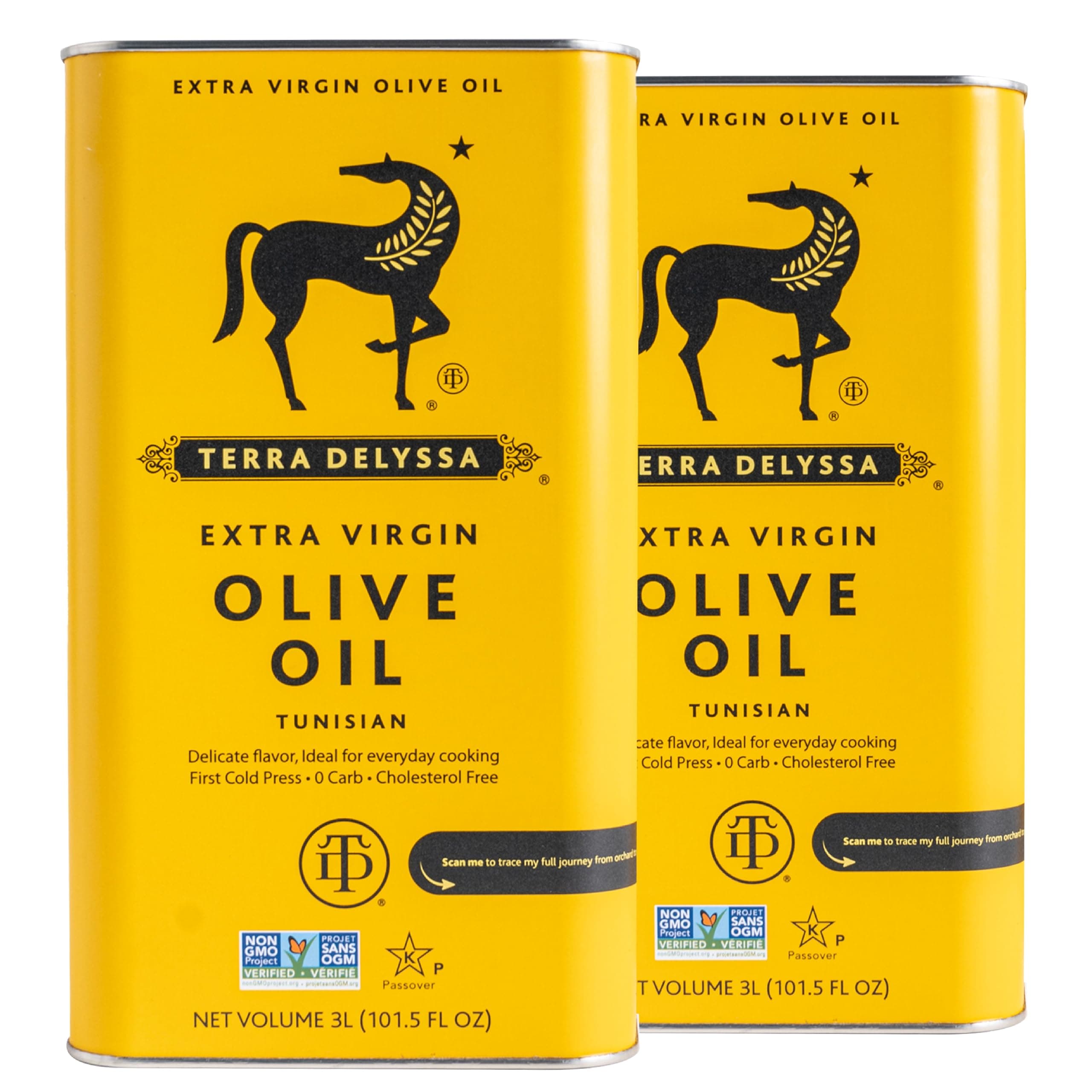 Terra Delyssa First Cold Pressed Extra Virgin Olive Oil, Single Sourced, 3L Metal Tin (101 fl. oz) - 2 Pack, Certified Kosher. Non-GMO, Naturally Rich in Antioxidants and Polyphenols