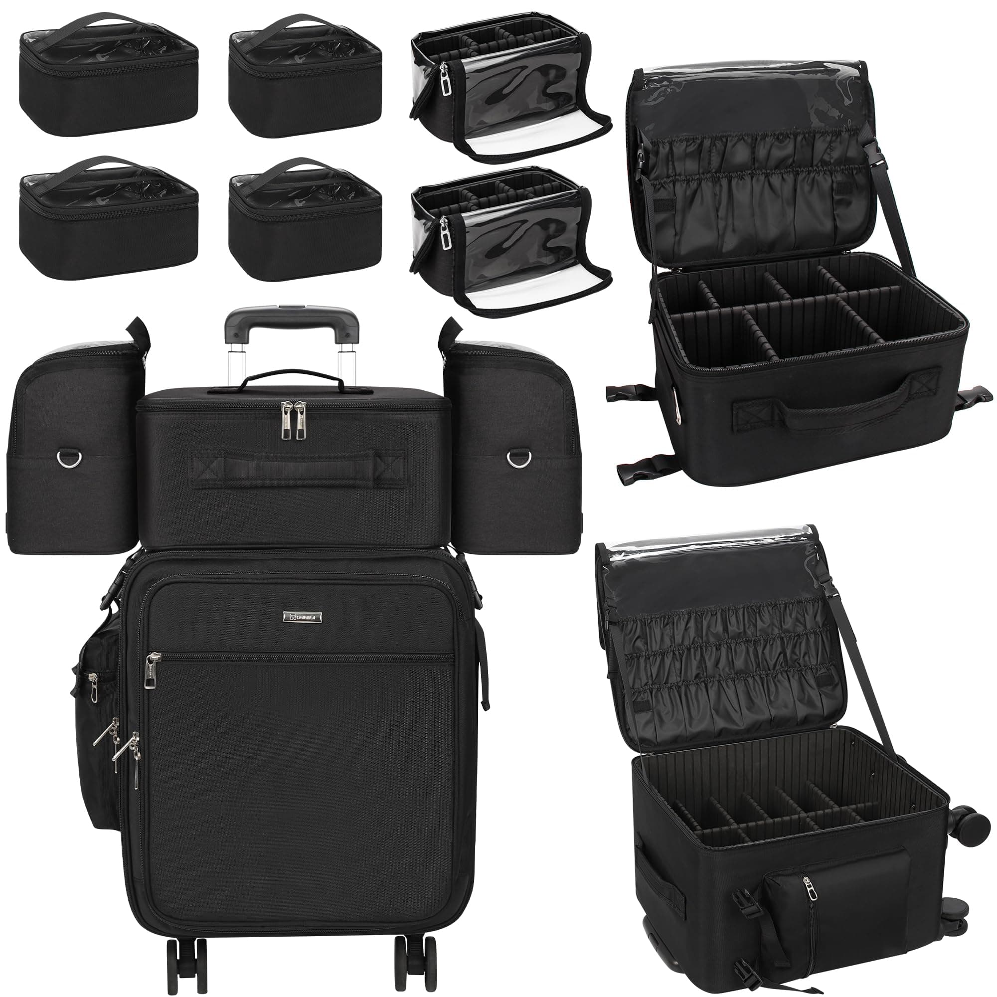Relavel Rolling Makeup Case Professional Makeup Train Case, Rolling Makeup Kit Bag Makeup Artist Travel Bag with Wheels, 4-in-1 Portable Travel Beauty Trolley Case for Cosmetology Storage(Black)