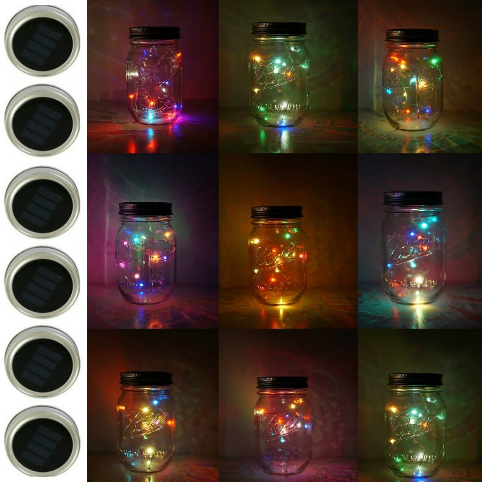 6 Pack Mason Jar Lights, 10 LED Solar Colorful Flicker Fairy String Lights Lids Insert for Garden Deck Patio Party Wedding Decorative Lighting Fit for Regular Mouth Jars …
