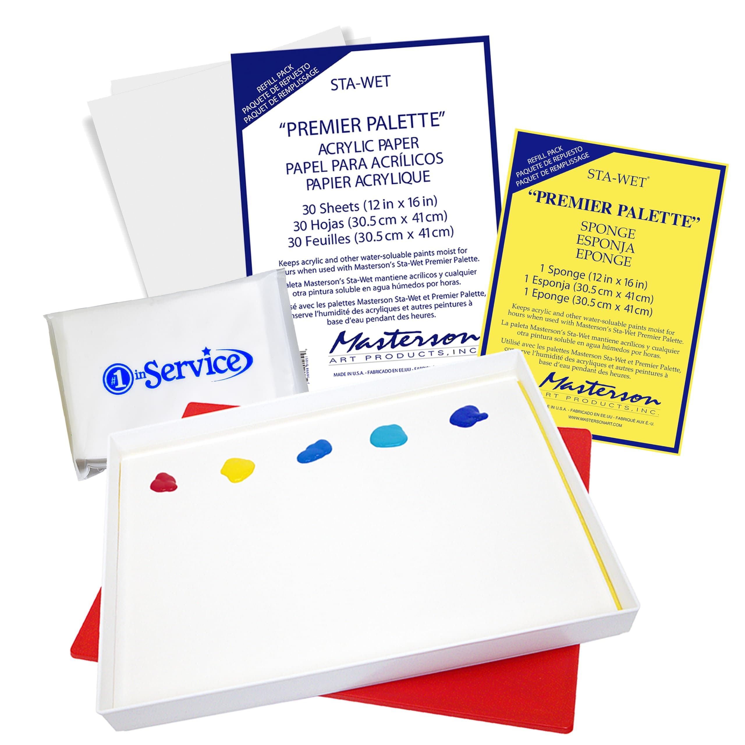 Masterson Sta-Wet Premier Acrylic Based Paint Kit, Keeps Wet Paint Fresh for Days, 16 x 12 Inch Artist Palette with Airtight Lid, 30 Acrylic Sheets, Sponge Refill + Number 1 in Service Tissue Pack