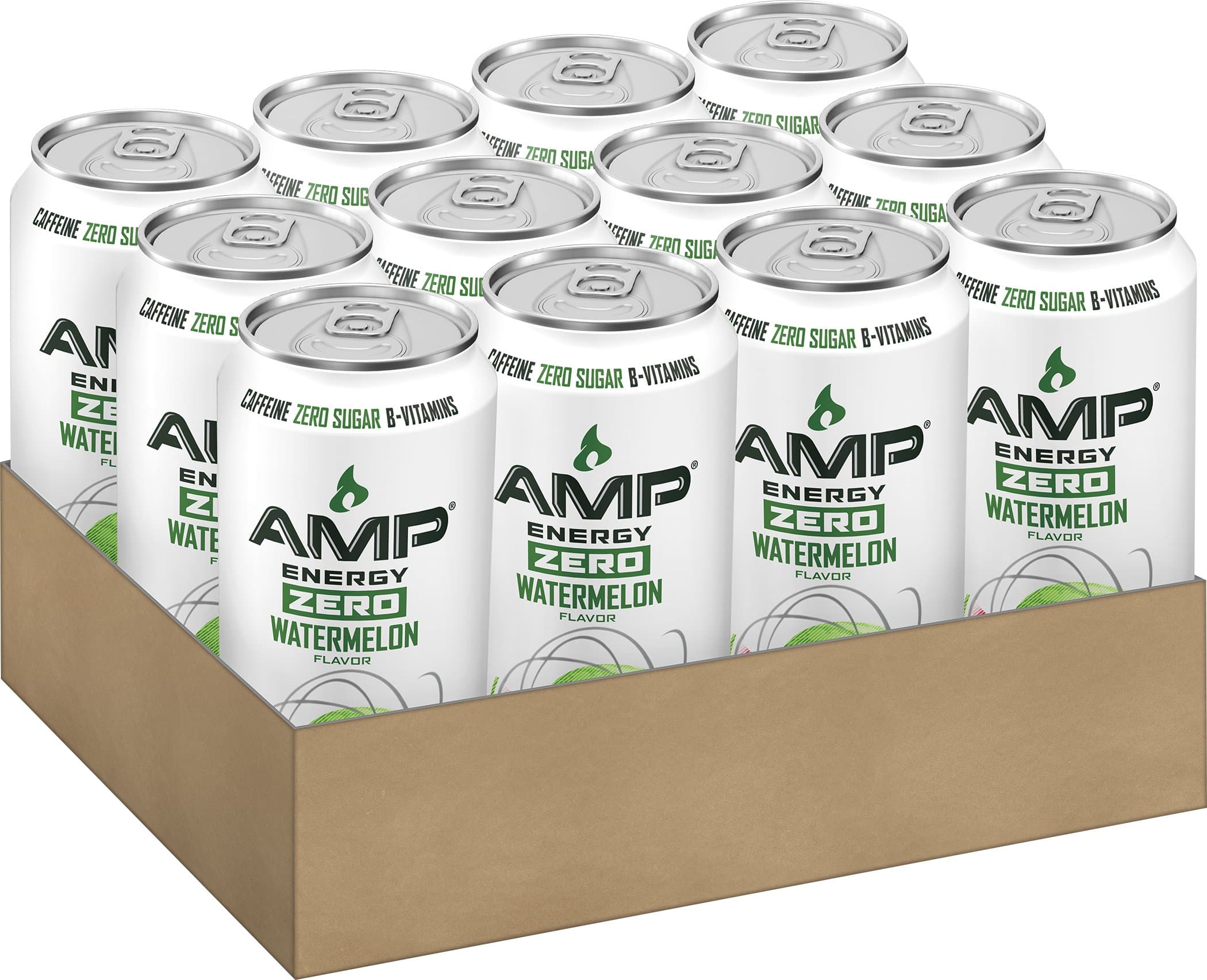AMP Energy Zero, Watermelon, Caffeine, B Vitamins, Zero Sugar, 16 fl oz. cans (12 Pack)