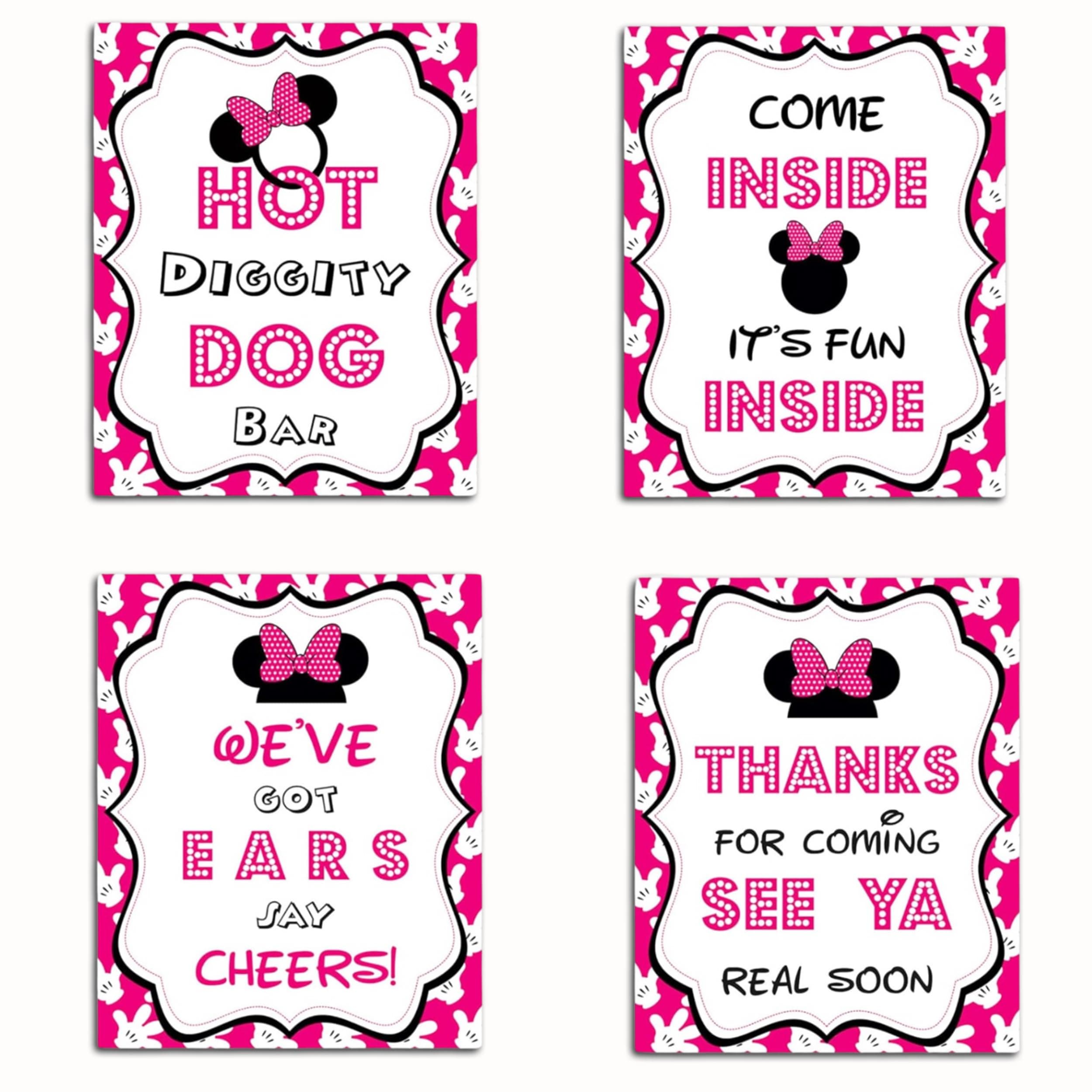 Minnie Birthday Signs - 8" x 10" Set of 4 Minnie Mouse Party Signs - Minnie Mouse Food Signs - We Got Ears Say Cheers Sign - Hot Diggity Dog Bar Sign - Come Inside Its Fun Inside Sign Minnie Mouse