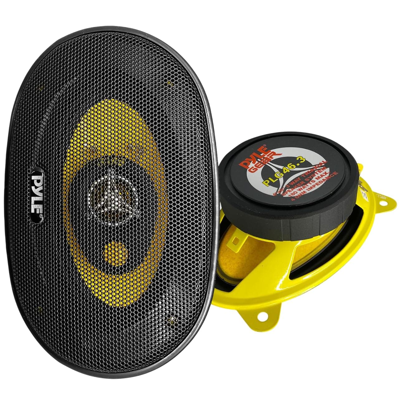Pyle Car Three-Way Speaker System-Pro 4x6Inch 180W 4Ohm Mid Tweeter Component Audio Sound Speakers For Car Stereo w/30Oz Magnet Structure, 2” Mount Depth Fits Standard OEM-PLG46.3 (Pair),Black/Yellow