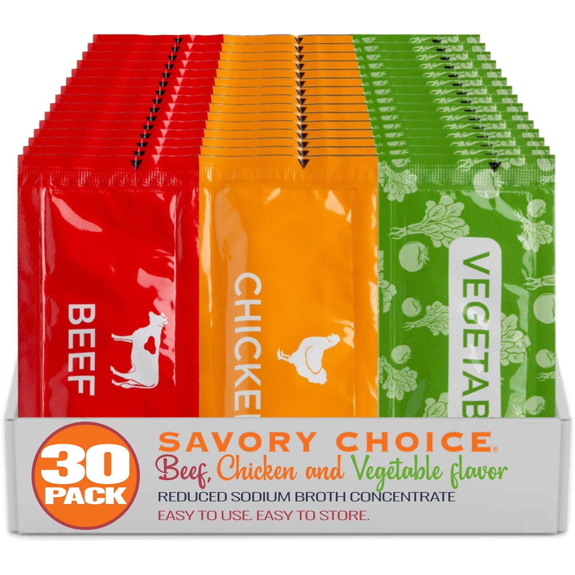 SAVORY CHOICE Reduced Sodium Beef, Chicken and Vegetable Broth Concentrate, 30 Packets (10/Flavour - 9.6g) - Gluten-Free, Diary-Free Broth Concentrate