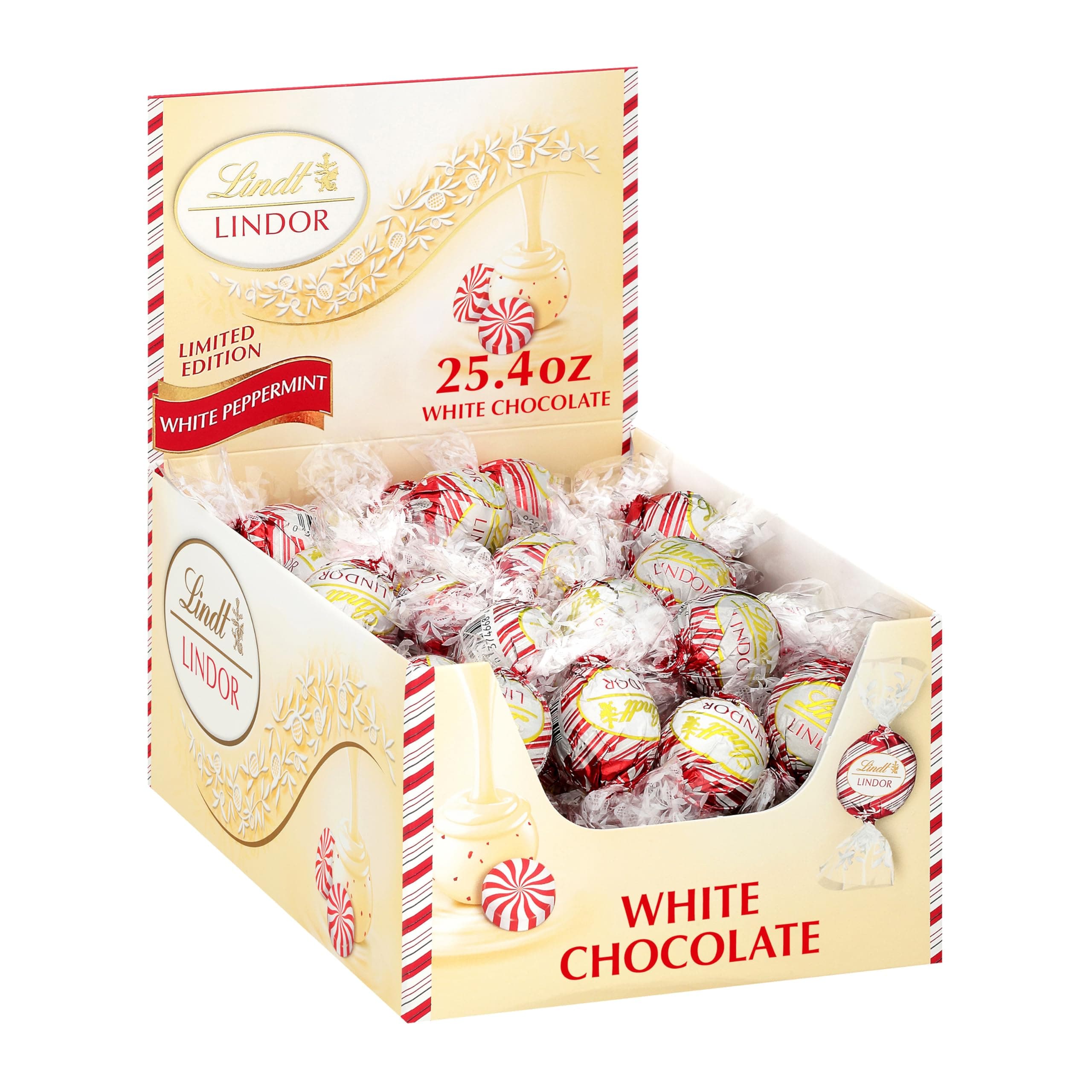 LINDOR White Chocolate Peppermint Truffles, White Chocolate Candy with Smooth Peppermint Truffle Center, 25.4 oz., 60 Count