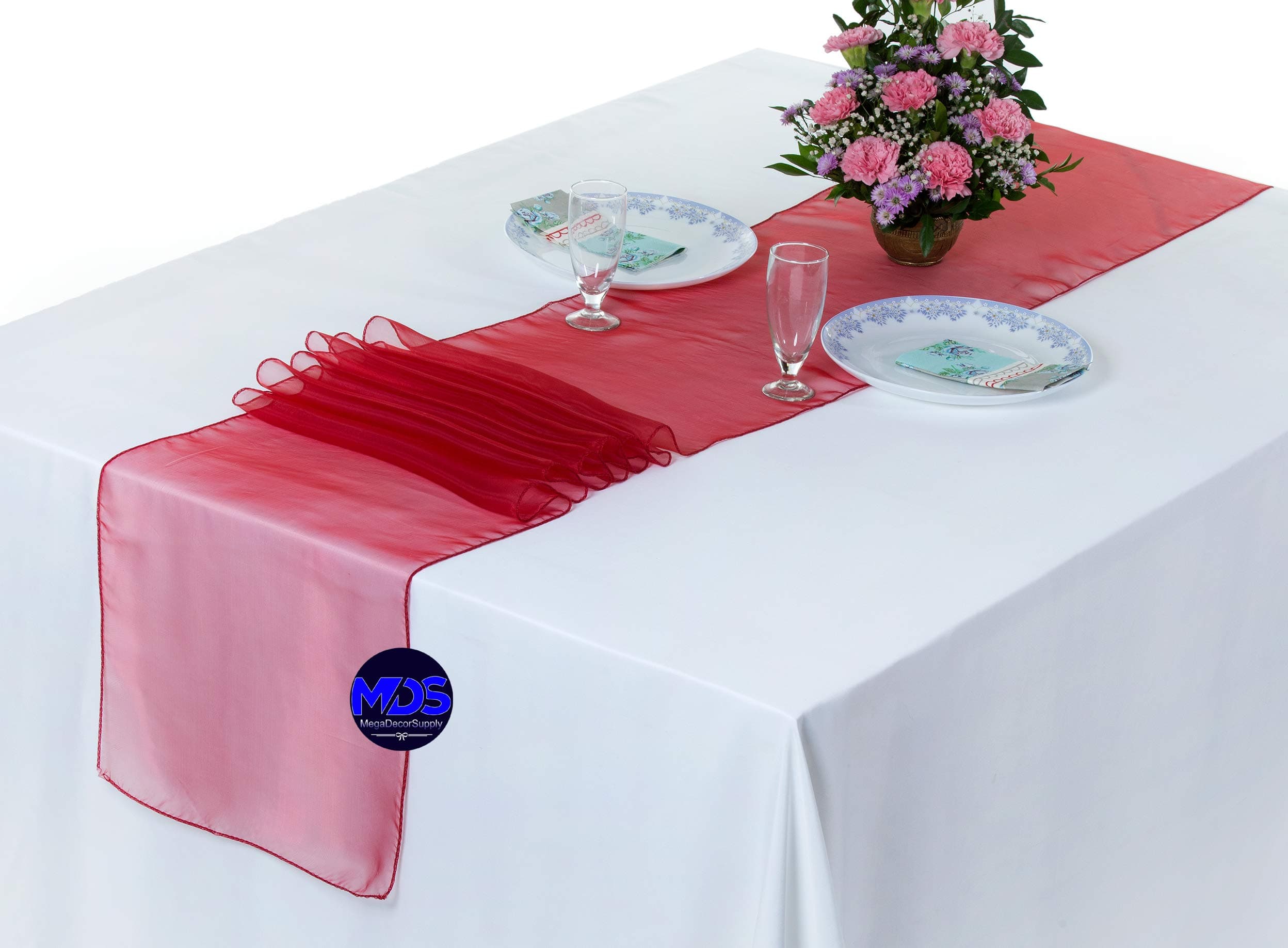 MDS 10 Pack Organza Table Runner 12 x 108 inch Long Premium Table Runners for Wedding Party, Events Decoration, Banquets Decorations, Bright and Smooth Silk Fabric Party Table Runner- Maroon