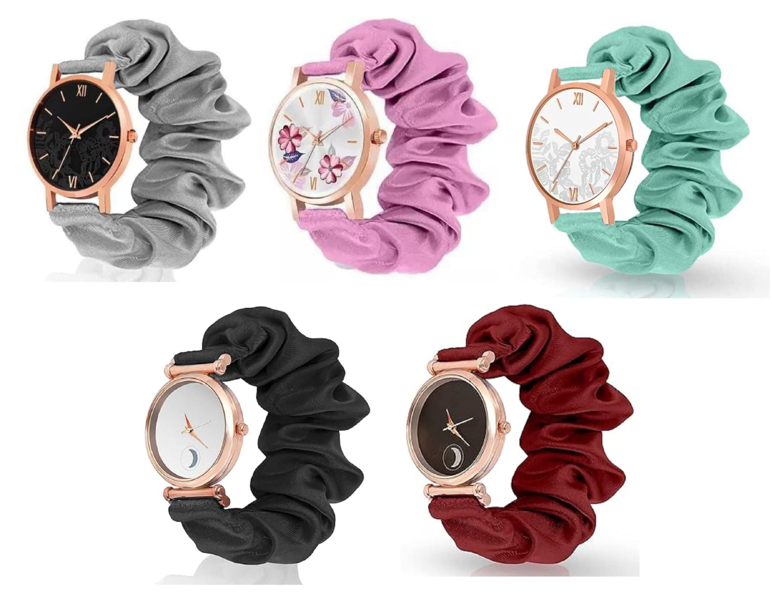 Black Analog Dial Scrunchies Strap Cloth Solid Fabric Wristband Watch Elastic Scrunchy Bands Watch for Women & Girls Multicolour (Multicolour (A) Pack of 5)