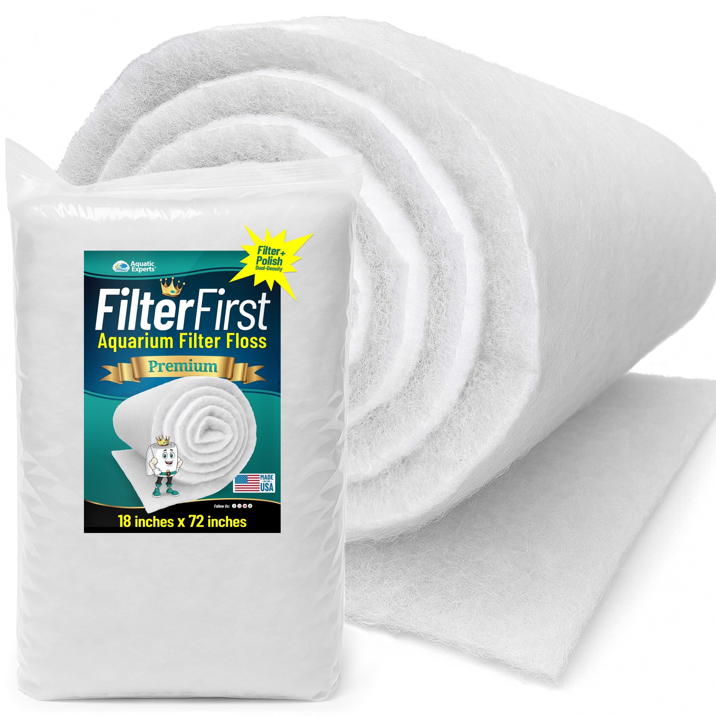Aquatic Experts Aquarium Filter Floss for Fish Tank Filters - FilterFirst Aquarium Filter Pad - Media Roll for Crystal Clear Water, 3/4" - 1" Thick (18 Inch Wide, 72 Inch Long)