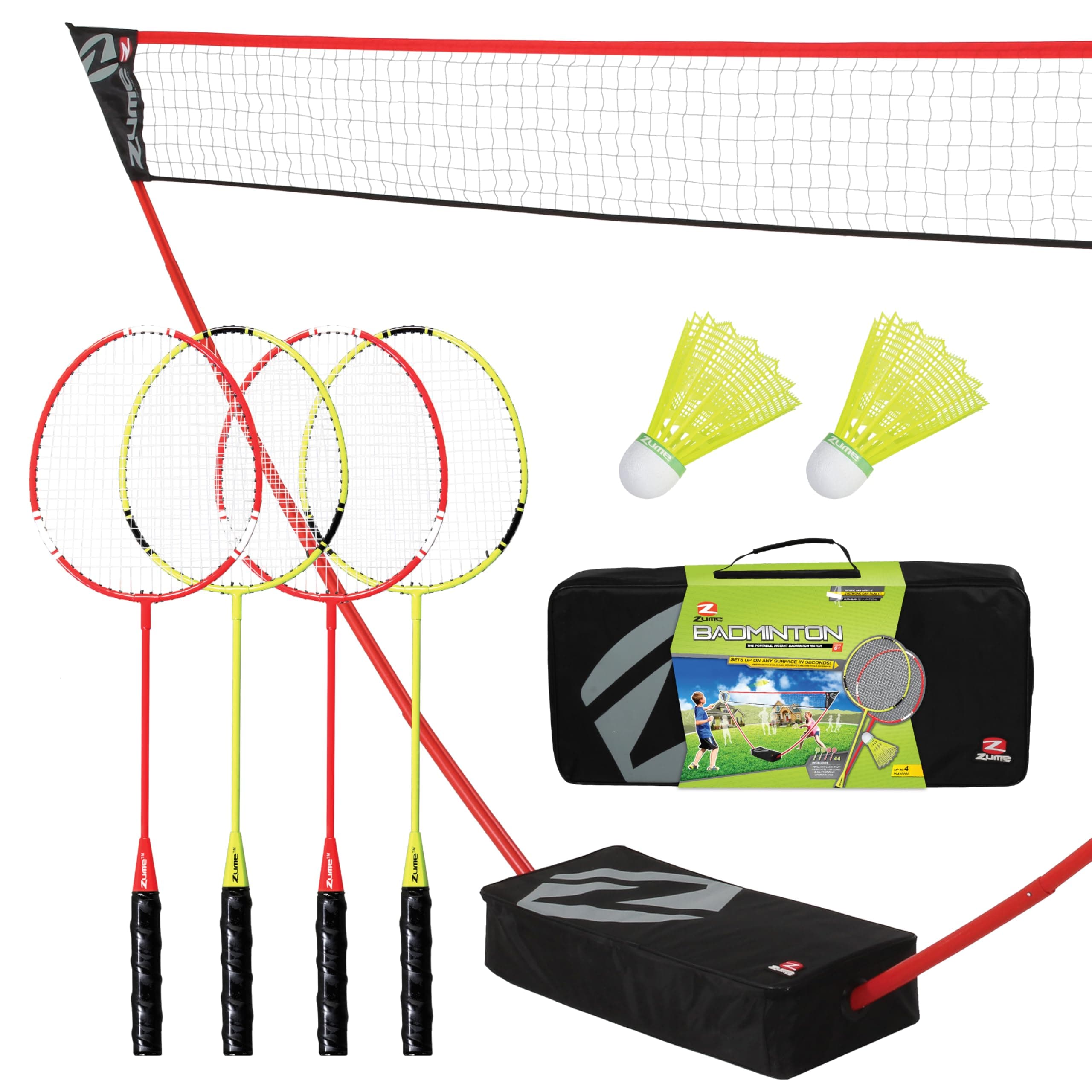 Zume Games Portable Badminton Set with Freestanding Base - Sets Up on Any Surface in Seconds - No Tools or Stakes Required