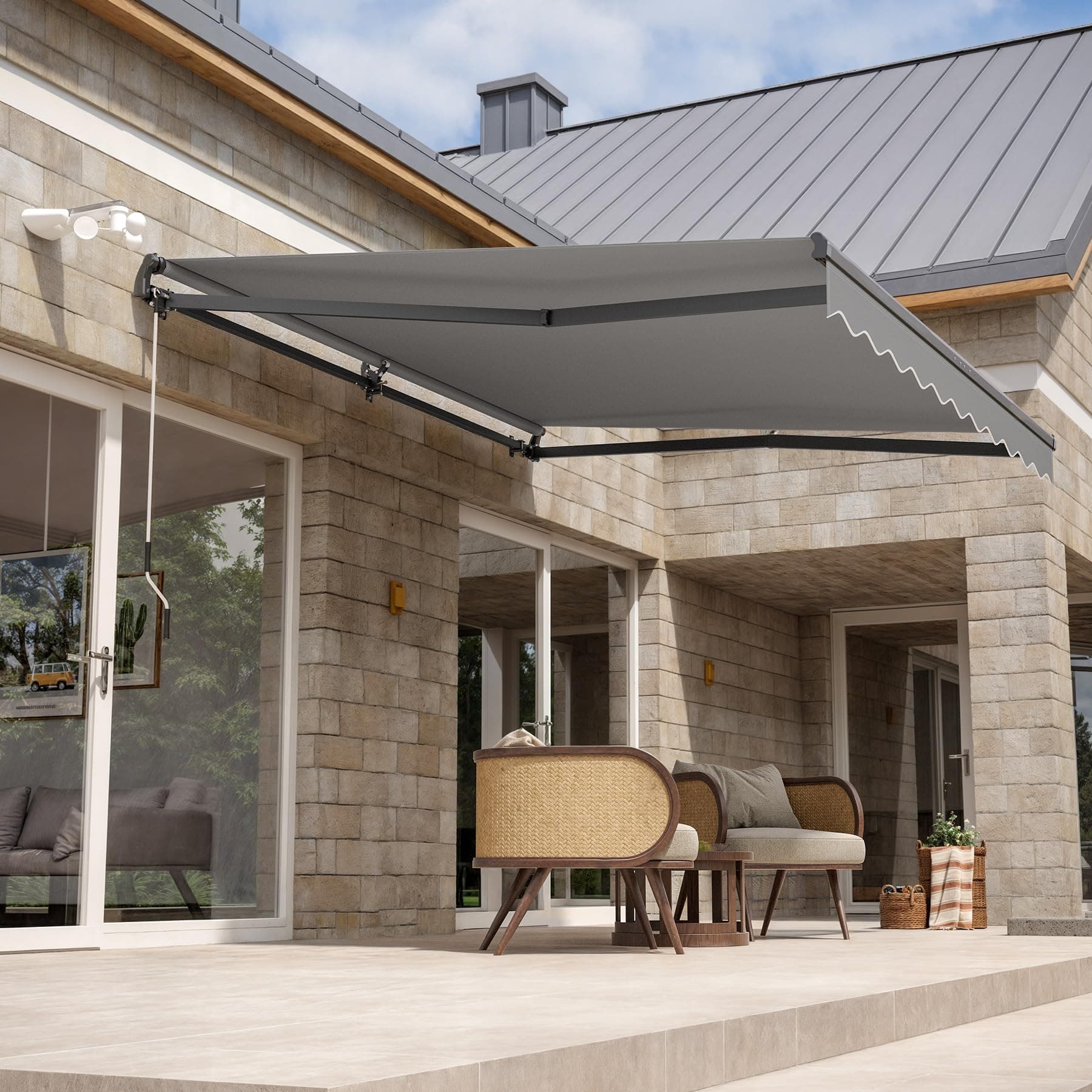 CO-Z 12 x 10 ft Electric Retractable Awning, Powered Outdoor Shade Waterproof Fabric for Balcony, Automatic Patio Retractable Awning with Wind Sun Sensor Remote & LED Light, Gray