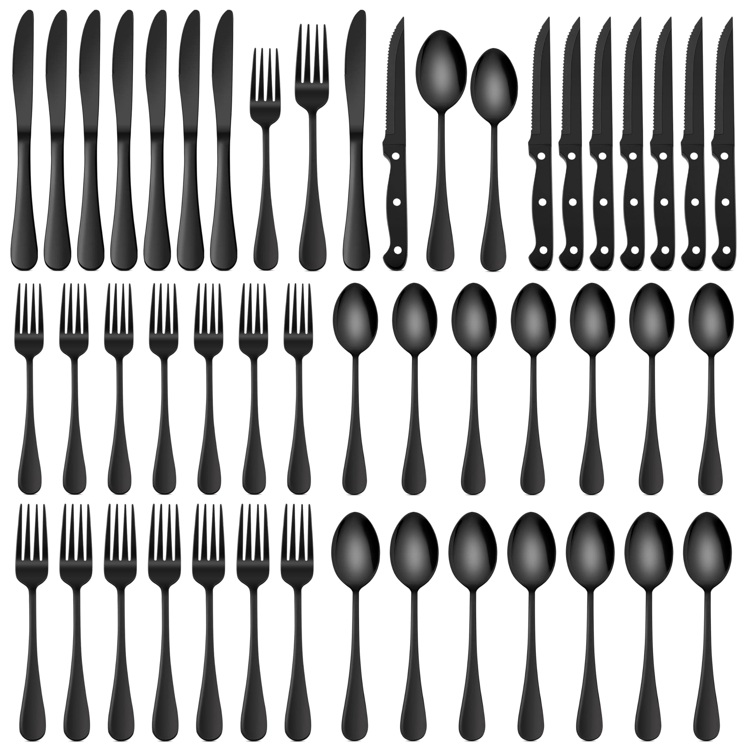 HaWare 48-Piece Black Silverware Set with Steak Knives, Stainless Steel Cutlery Set, Food Grade Flatware Set Service for 8, Mirror Finished Tableware for Home Restaurant, Include Knives, Forks, Spoons