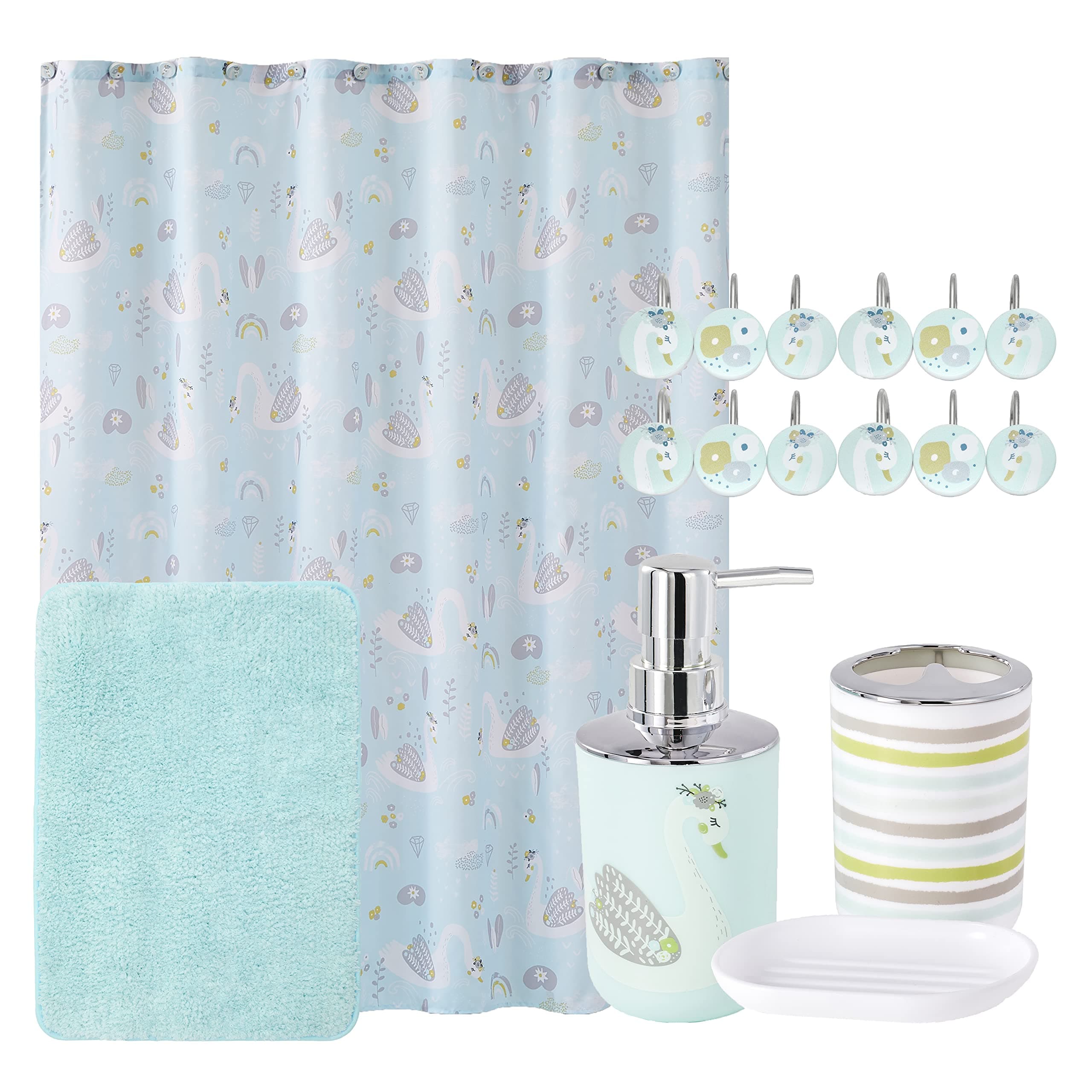 Bathroom Accessory Set, Fun Swan Design, Includes Shower Curtain, 12 Printed Curtain Hooks, Soap Dish, Toothbrush Holder, Soap Dispenser and Soft Non-Slip Bath Rug Mat Box Set
