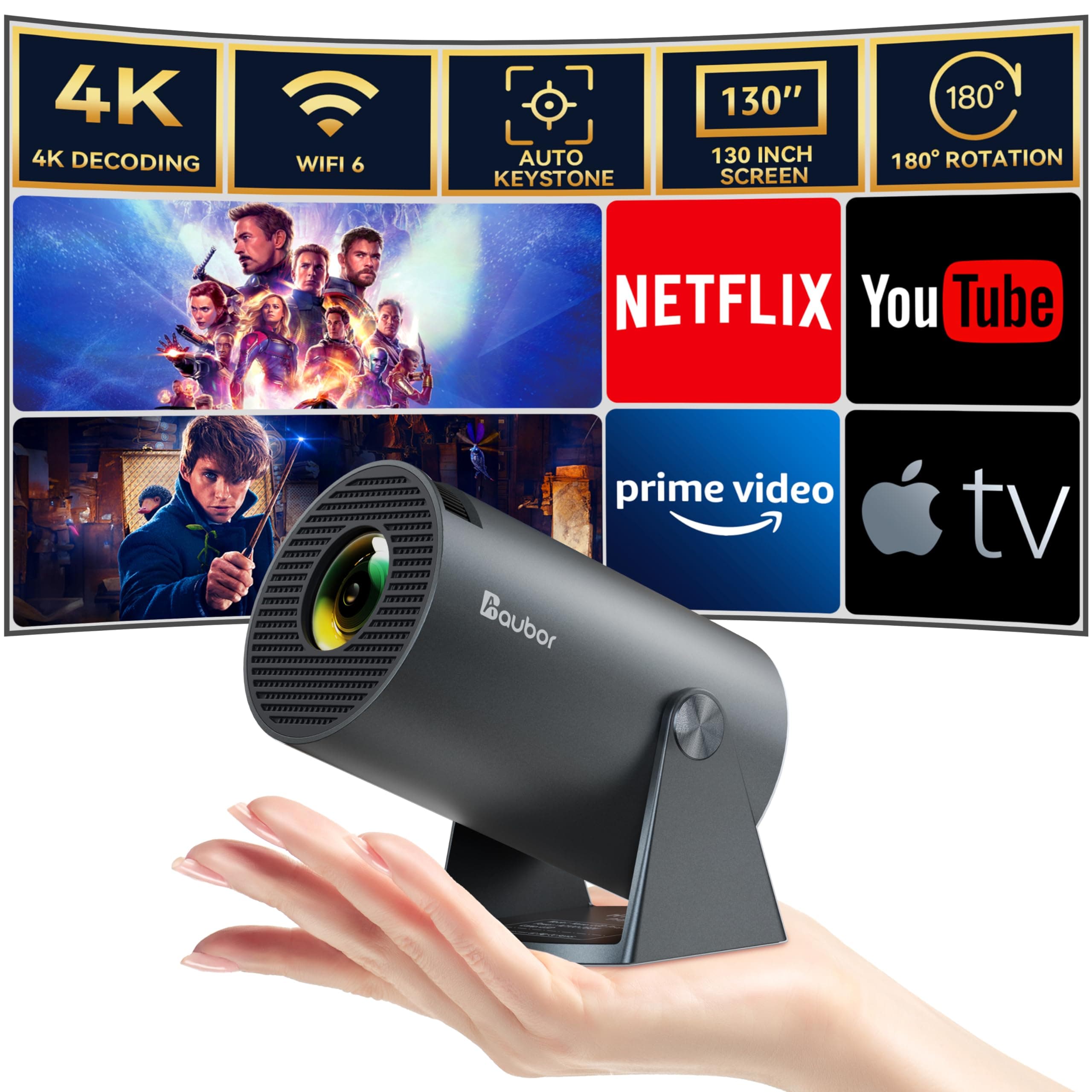 AUBORMini Projector with Wifi and Bluetooth 1080P Support Smart Projector with Android TV 180° Rotatable Portable Outdoor Short Throw Projector Auto Keystone Home Theater for Phone/TV Stick/Laptop