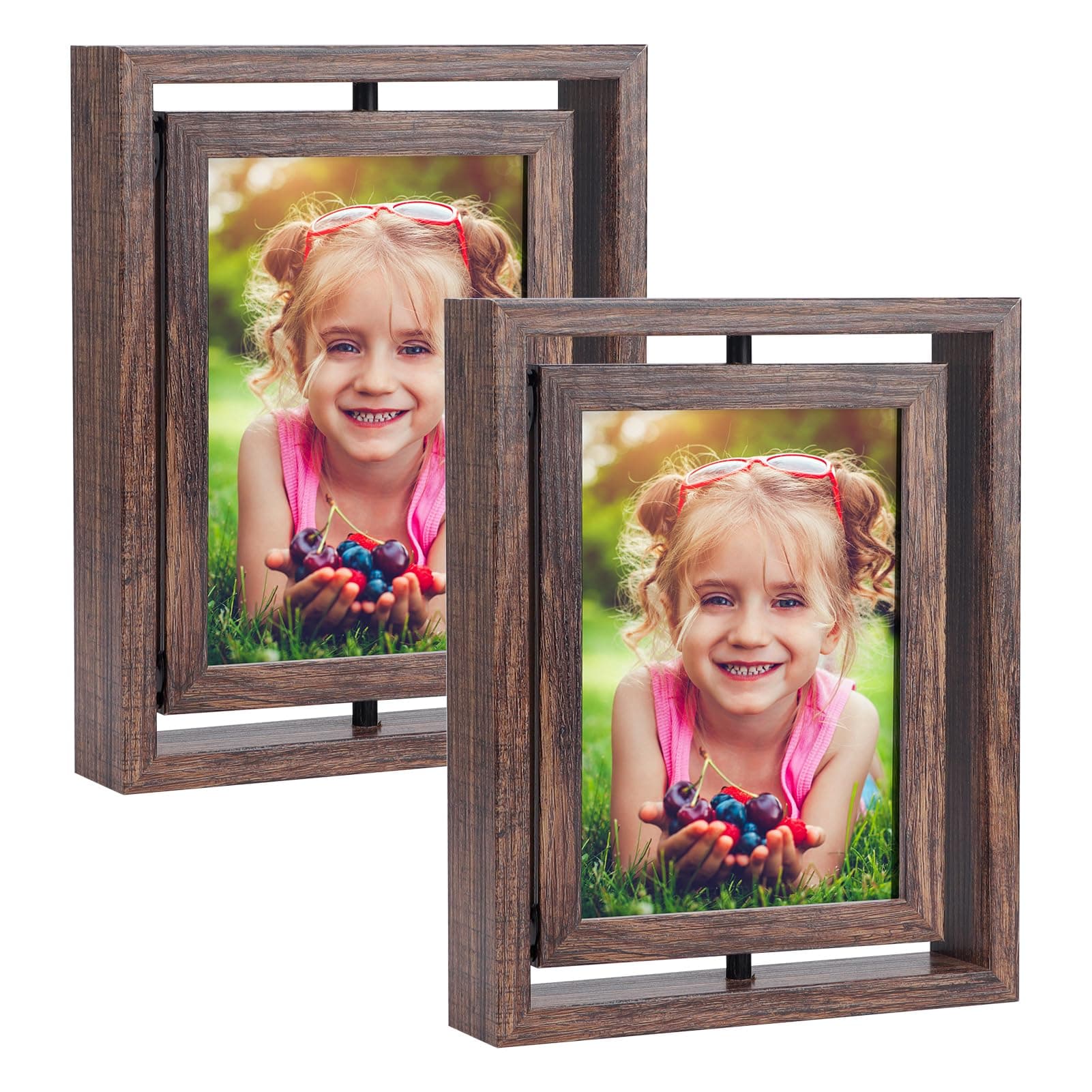 2 Pack 5x7 Picture Frames Rotating Floating Photo Frame Wooden 2 Sided Frames for Vertical or Horizontal Tabletop Display