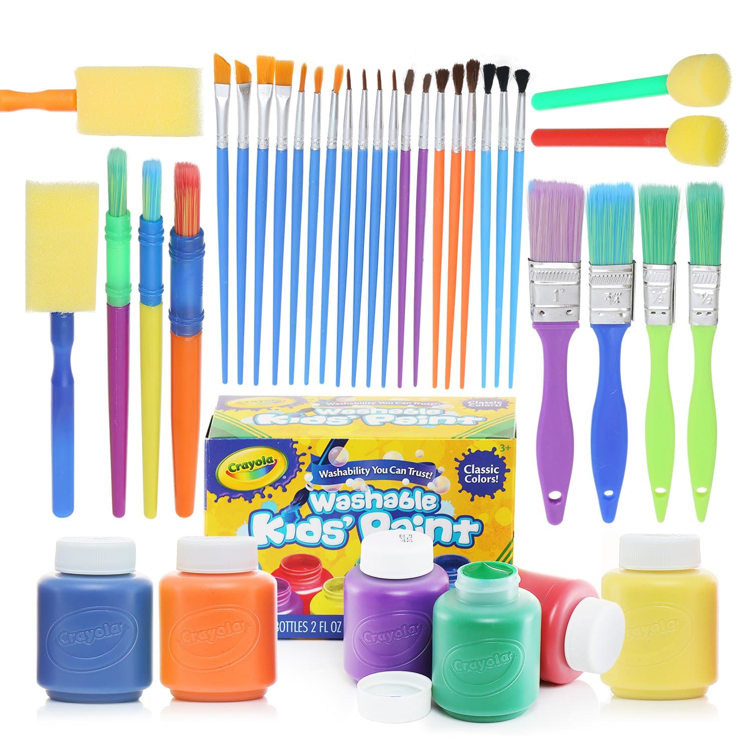 Complete Set of 30 Paint Brushes Bundle with Crayola Washable Kid's Paint (6 Count) – Washable Kids Paints and Paintbrush Set - 2oz Assorted Bottles – Perfect for Kids Age 3+