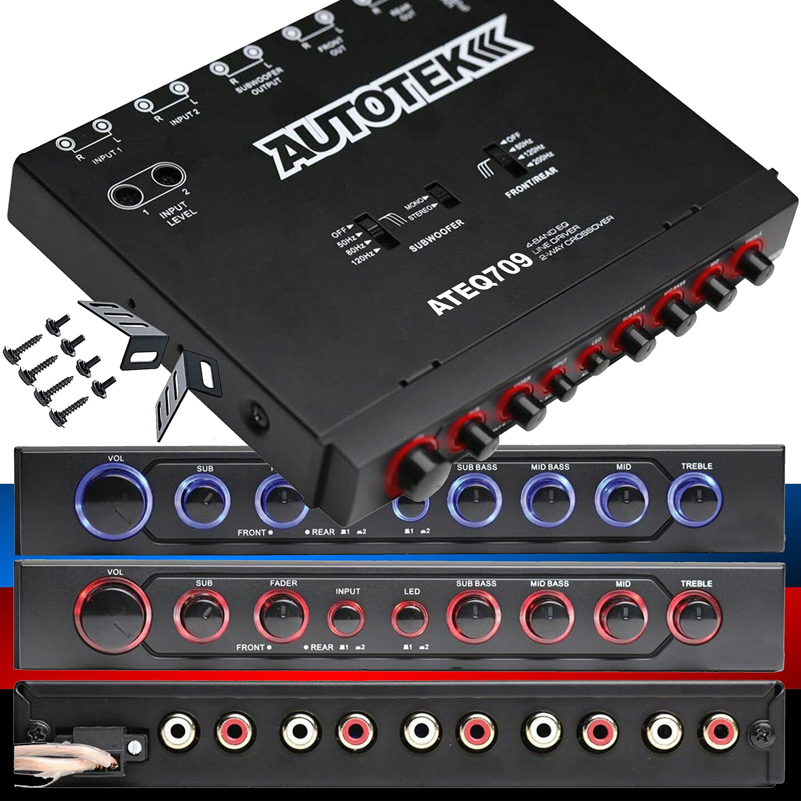 ATEQ709 4-Band Audio Equalizer with Built-in 2-Way Crossover, 9 Volts, 1/2 DIN, re-amp EQ with Front/Rear Active Crossover, and Selectable 12dB high-Pass Crossover,Black