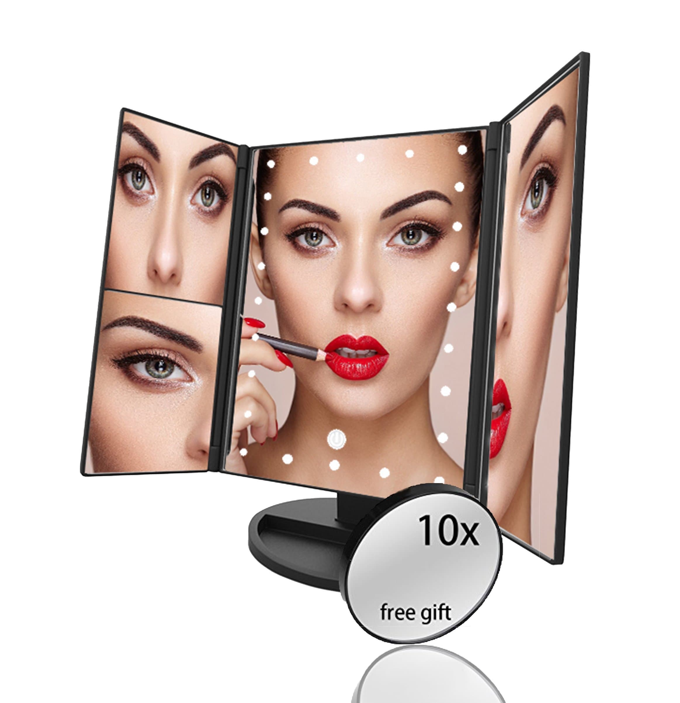 LED Makeup Mirror with Light | Black Vanity Cosmetic Trifold Makeup Mirror with 21 Pcs Illuminated Lights & 1x/2x/3x Magnification| 10x Detachable Mirror | Illuminated Touch Screen | Anthony Emmanuel