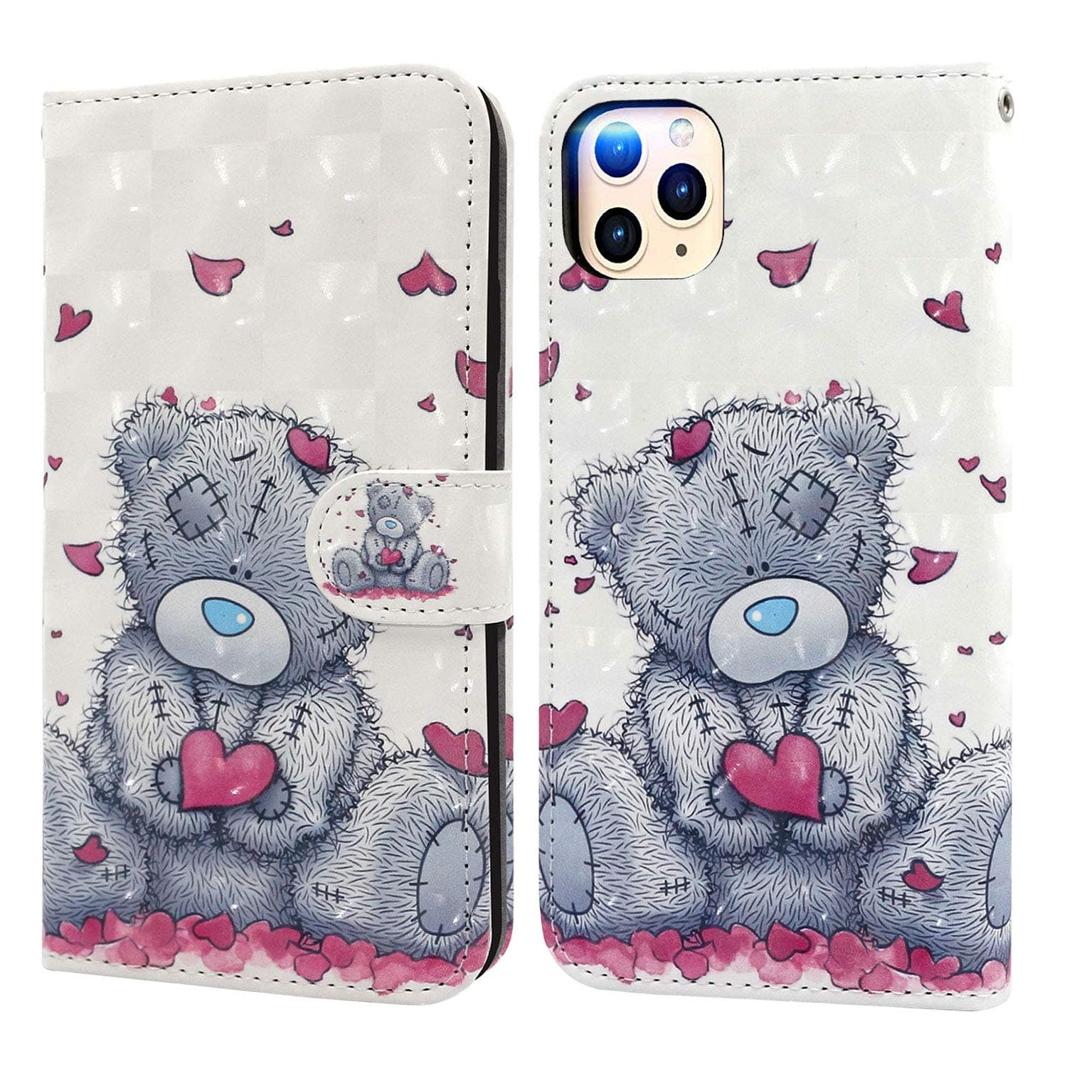 iPhone 11 Pro Max Case, Ailisi 3D visual Cute Love heart Teddy bear Leather wallet flip case magnetic protective cover with shockproof TPU, Stand function Card Slots +1 pcs Lanyard Strap