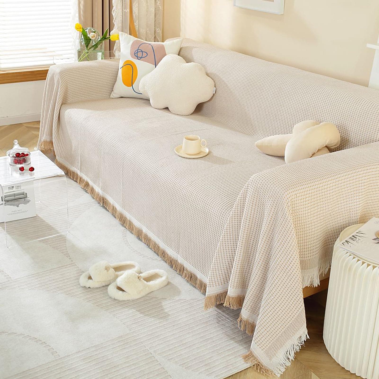 Cotton Throw Blankets, Soft Throw Blanket with Tassels, Decorative Knitted Throw Blankets for Couch Bed Sofa Outdoor Camping All Seasons (Khaki, 180 * 180)